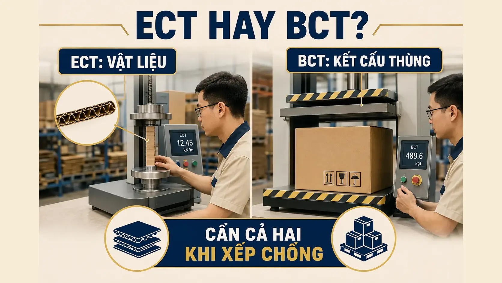 ECT và BCT là gì? Cách chọn thùng carton theo tải và xếp chồng 1 So sánh phép thử ECT và BCT của thùng carton