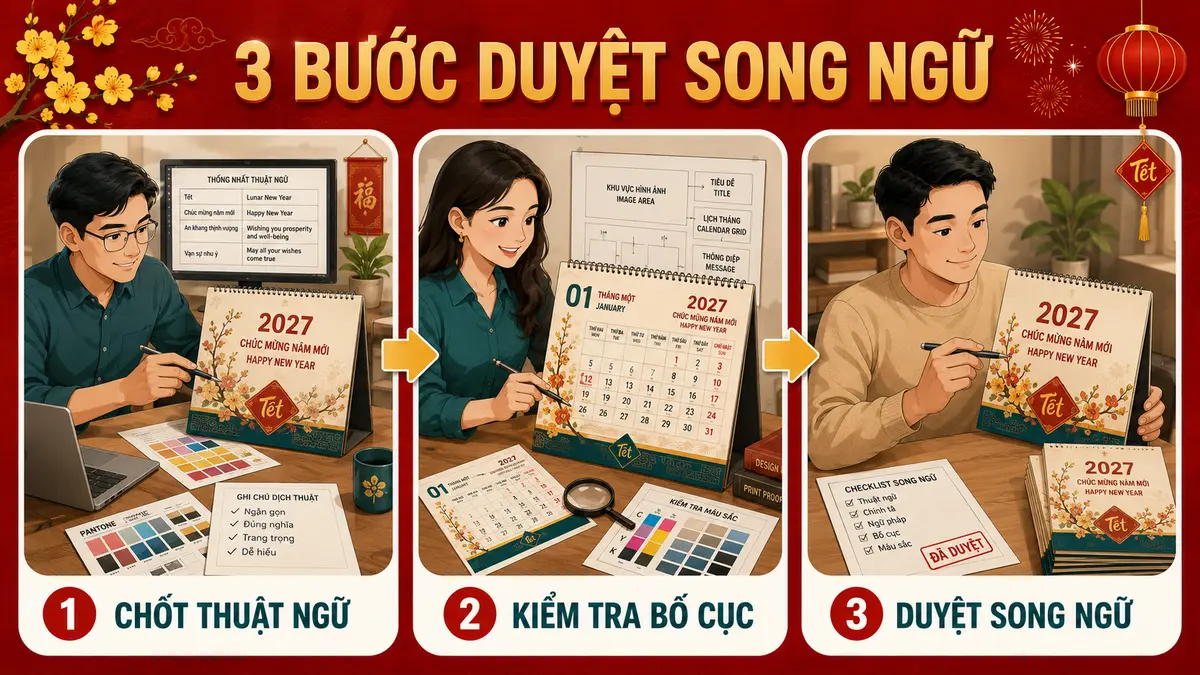 Lịch Tết Song Ngữ Việt – Anh: Cách Trình Bày Ngày Âm Dương, Ngày Lễ Và Thông Tin Doanh Nghiệp 2 Thiết kế lịch Tết song ngữ Việt Anh 2027 - checklist và lưu ý