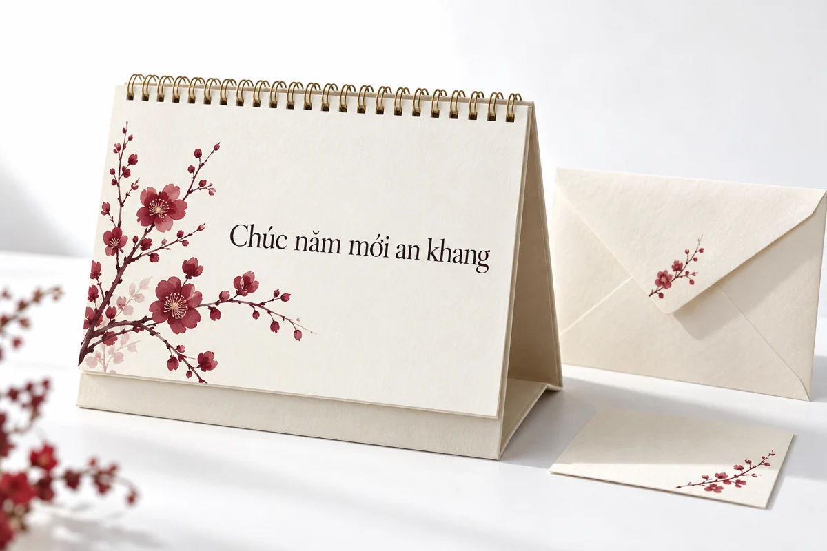 50 Lời Chúc In Trên Lịch Tết Cho Khách Hàng, Đối Tác 2027 1 Lịch để bàn trắng kem in lời chúc năm mới an khang bên phong bì