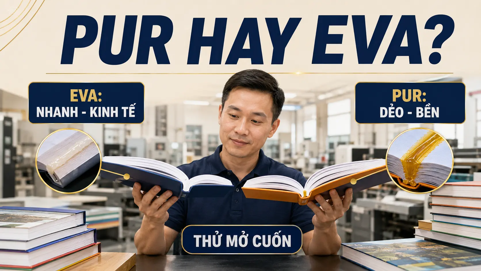 Keo PUR và EVA khác nhau thế nào? Chọn gáy sách bền và mở đẹp 1 Bảng so sánh keo PUR và EVA trong đóng sách