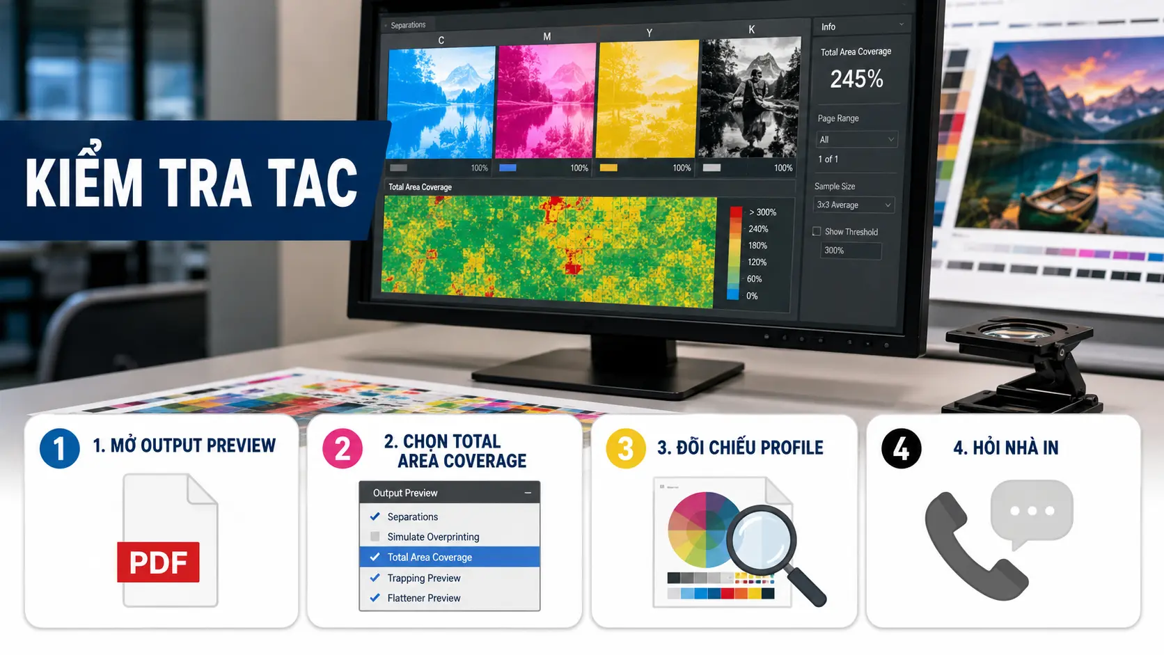 TAC là gì? Giới hạn tổng lượng mực để tránh bết, lâu khô và lem 3 Các bước kiểm tra TAC trong Output Preview theo ICC profile