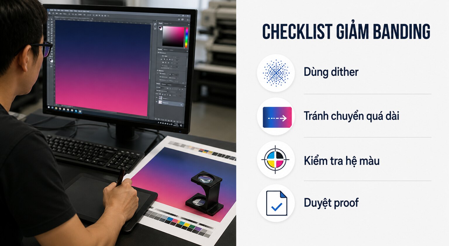 Lỗi banding là gì? Cách tránh sọc màu trên vùng chuyển sắc 2 Checklist dùng dither và duyệt proof để giảm lỗi banding