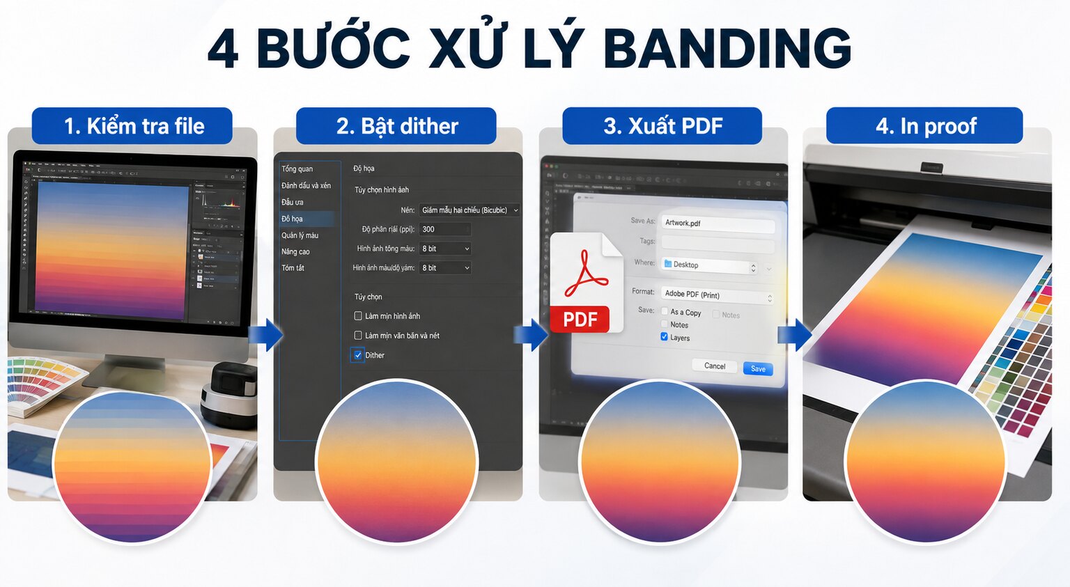 Lỗi banding là gì? Cách tránh sọc màu trên vùng chuyển sắc 3 Bốn bước xử lý lỗi banding khi in chuyển màu