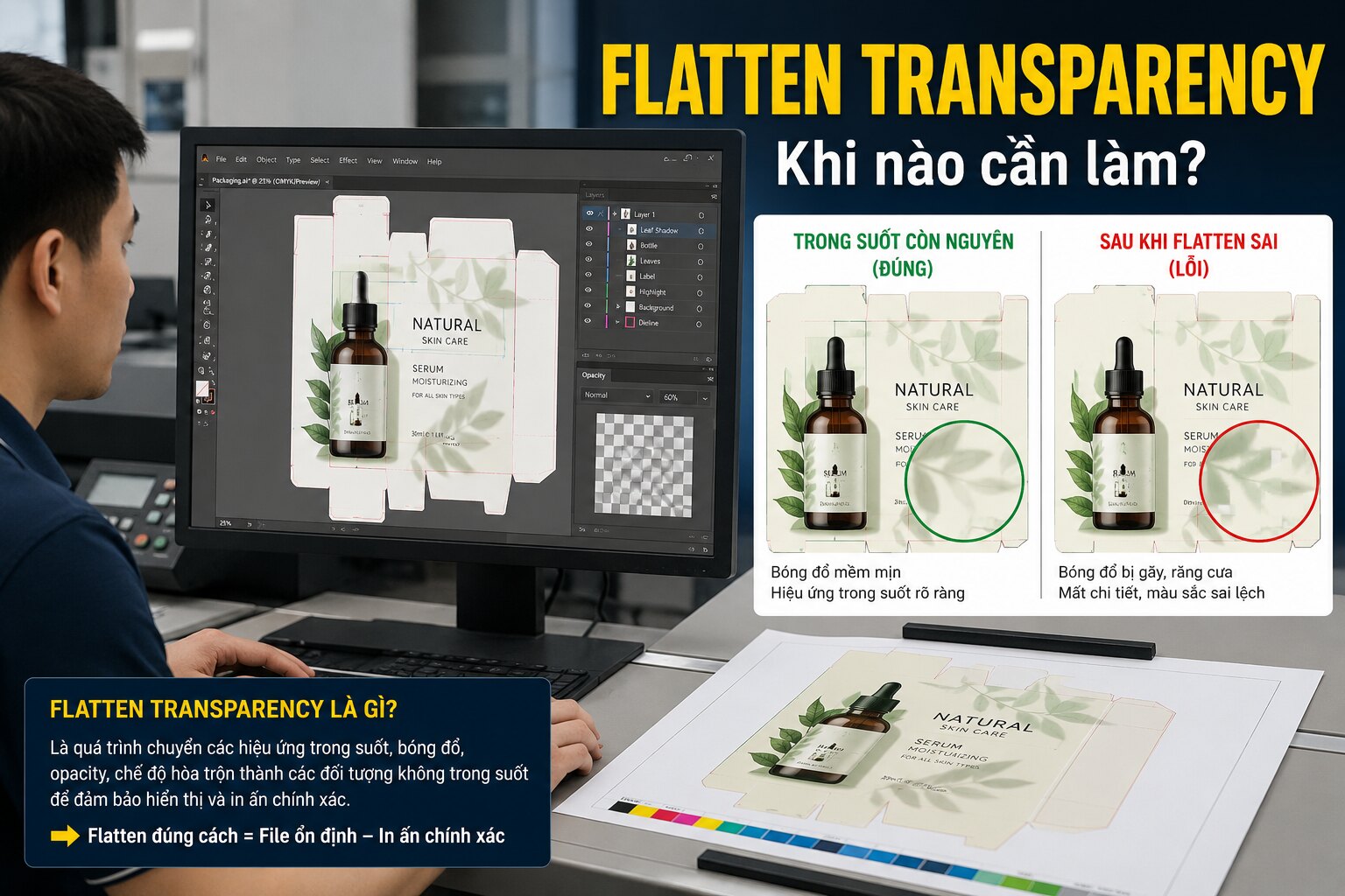 Flatten transparency khi xuất file in: Khi nào cần làm? 1 Kỹ thuật viên kiểm tra flatten transparency khi xuất file in
