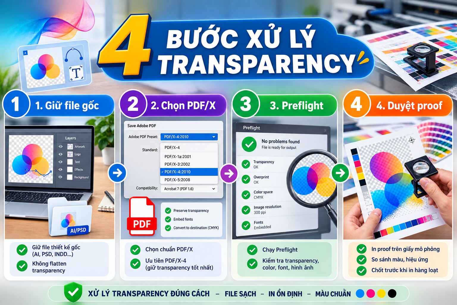 Flatten transparency khi xuất file in: Khi nào cần làm? 3 Bốn bước xử lý transparency an toàn trước khi in