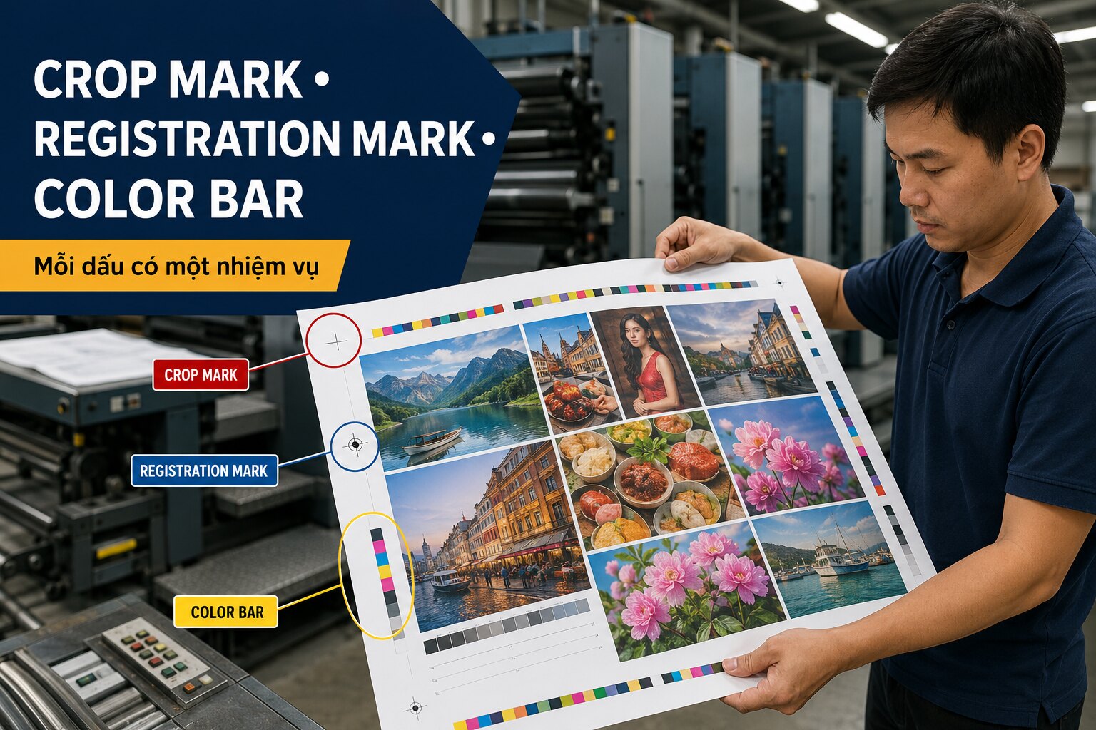 Kỹ thuật viên phân biệt crop mark registration mark color bar trên tờ in
