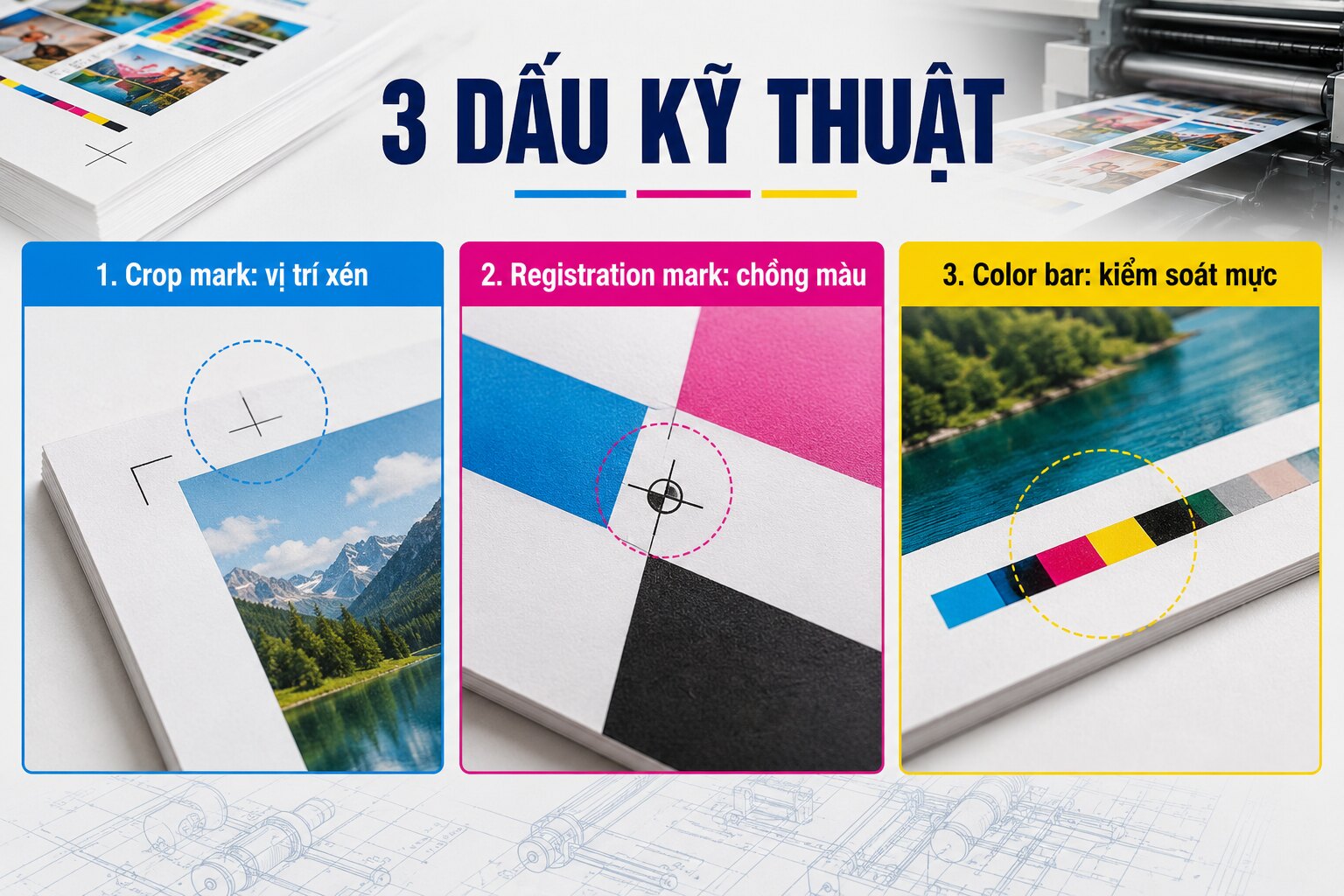 Ba loại dấu kỹ thuật crop mark registration mark color bar