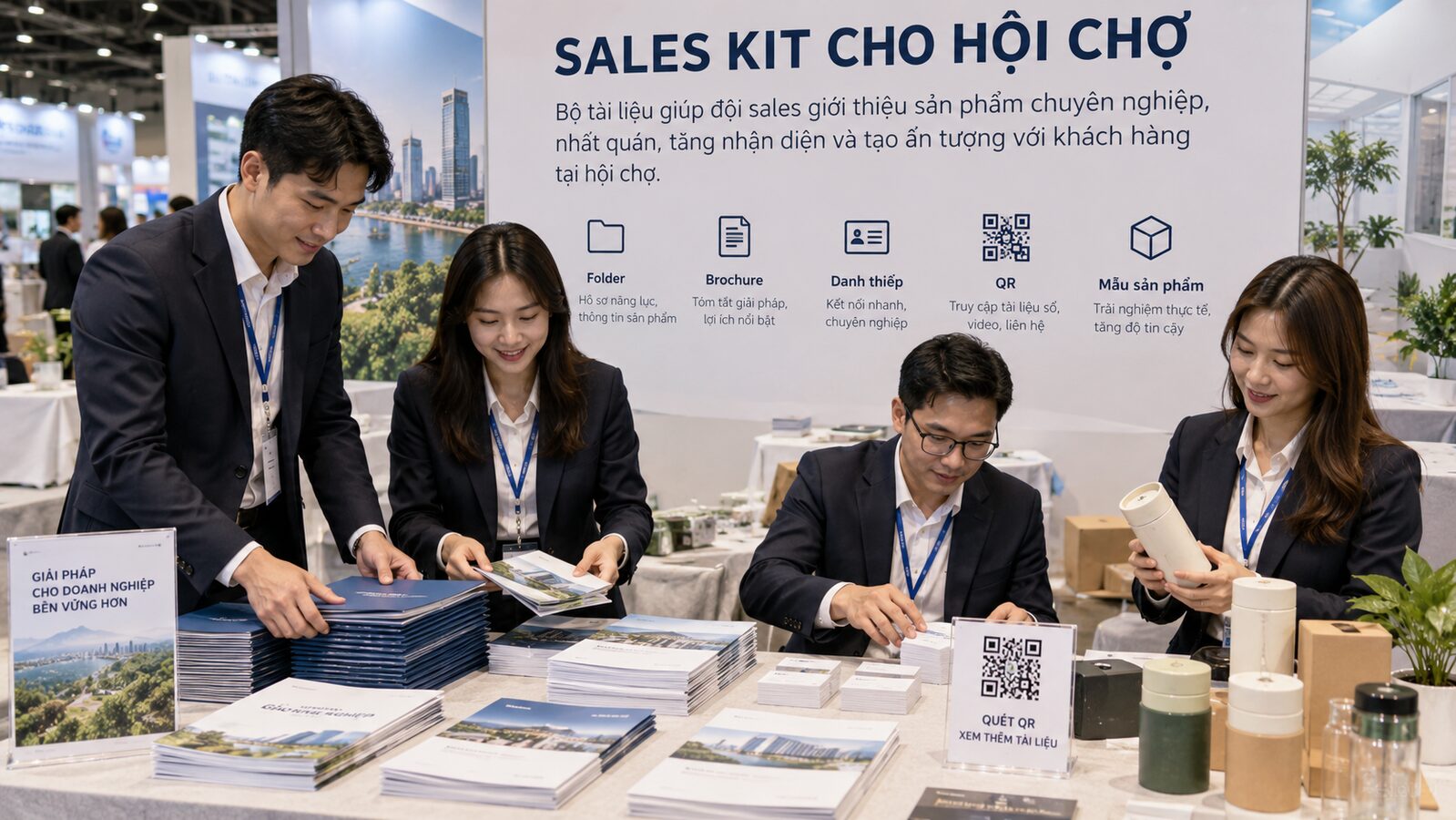 Nhân viên sales chuẩn bị bộ tài liệu cho gian hàng hội chợ