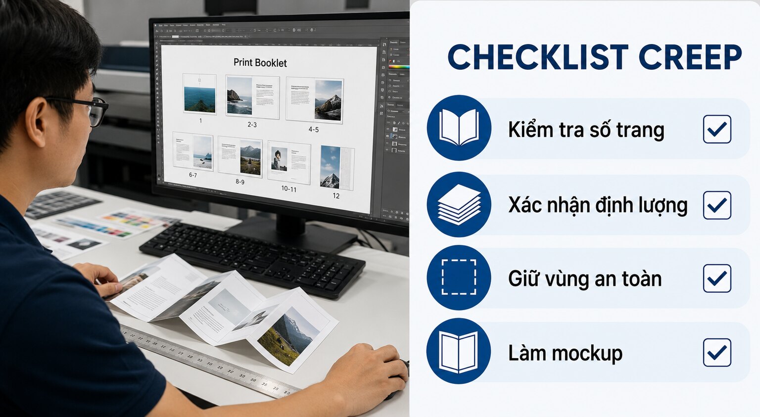 Creep trong đóng ghim giữa: Cách tránh trang ruột bị xô lệch 2 Checklist kiểm tra số trang định lượng vùng an toàn và mockup creep