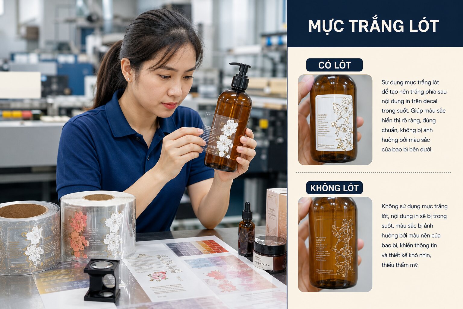 Kỹ thuật viên kiểm tra mực trắng lót trên decal trong
