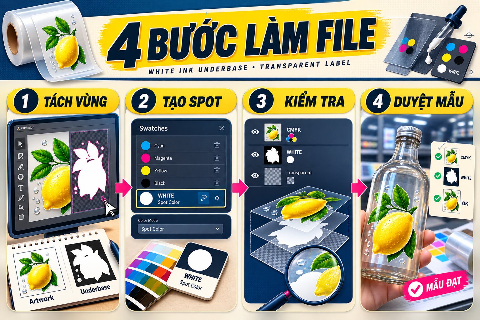 Bốn bước chuẩn bị mực trắng lót trên decal trong