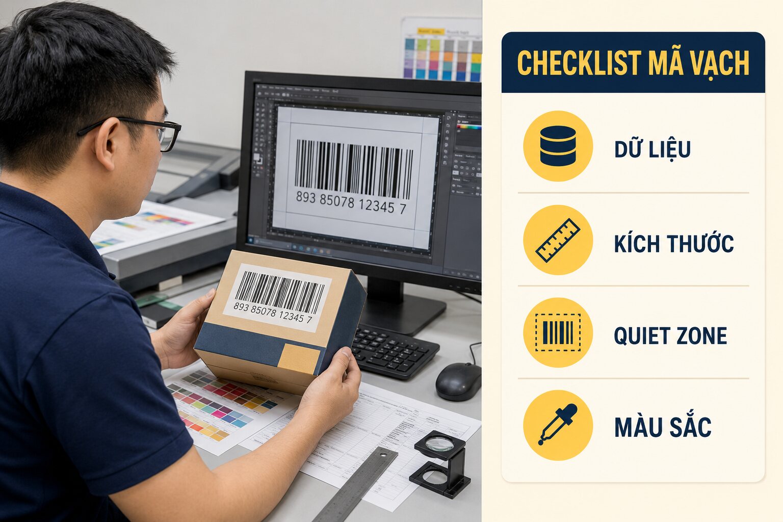 Kiểm tra mã vạch trước khi in bao bì: Checklist in hàng loạt 2 Checklist dữ liệu kích thước quiet zone và màu mã vạch