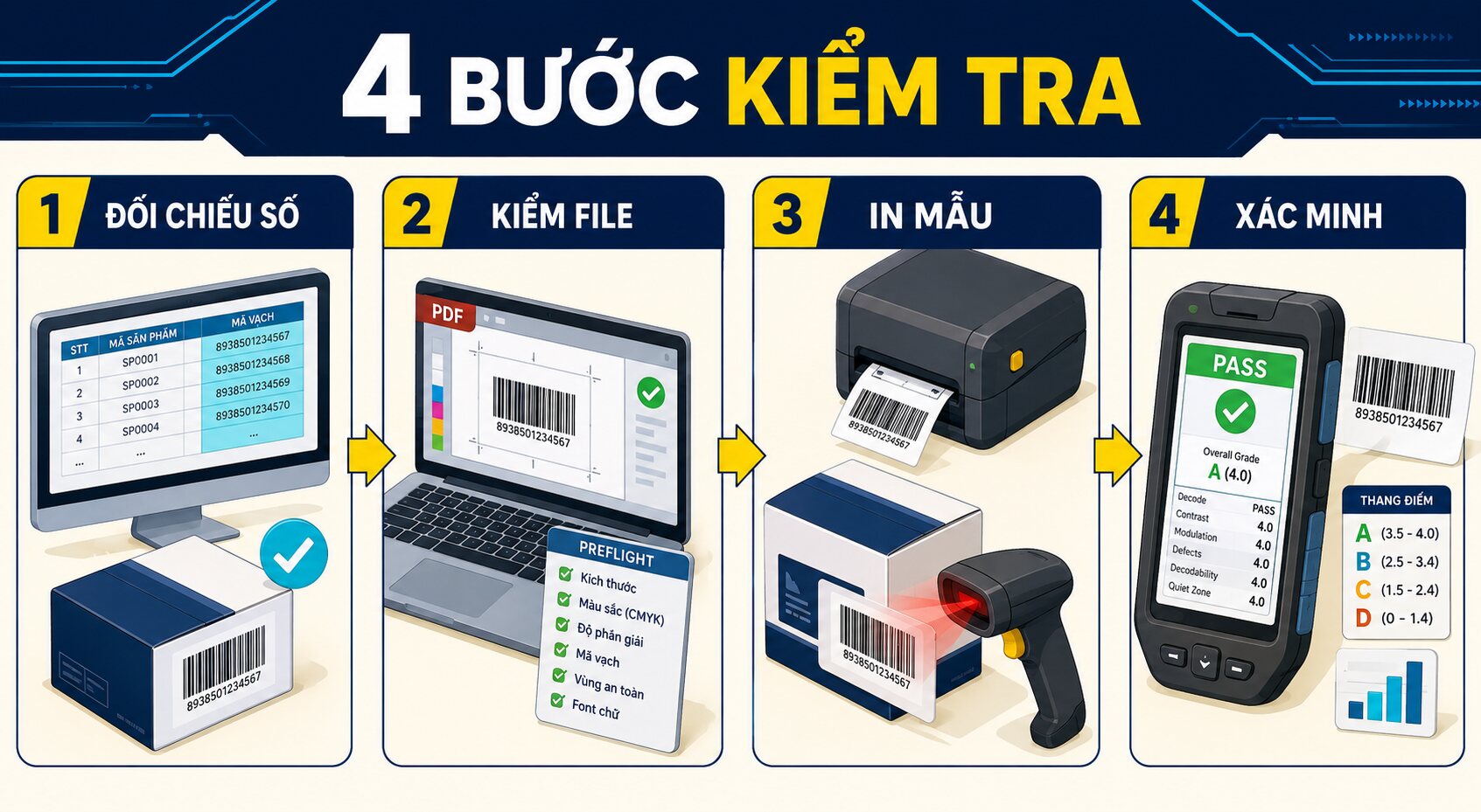 Kiểm tra mã vạch trước khi in bao bì: Checklist in hàng loạt 3 Bốn bước kiểm tra mã vạch trước khi in hàng loạt