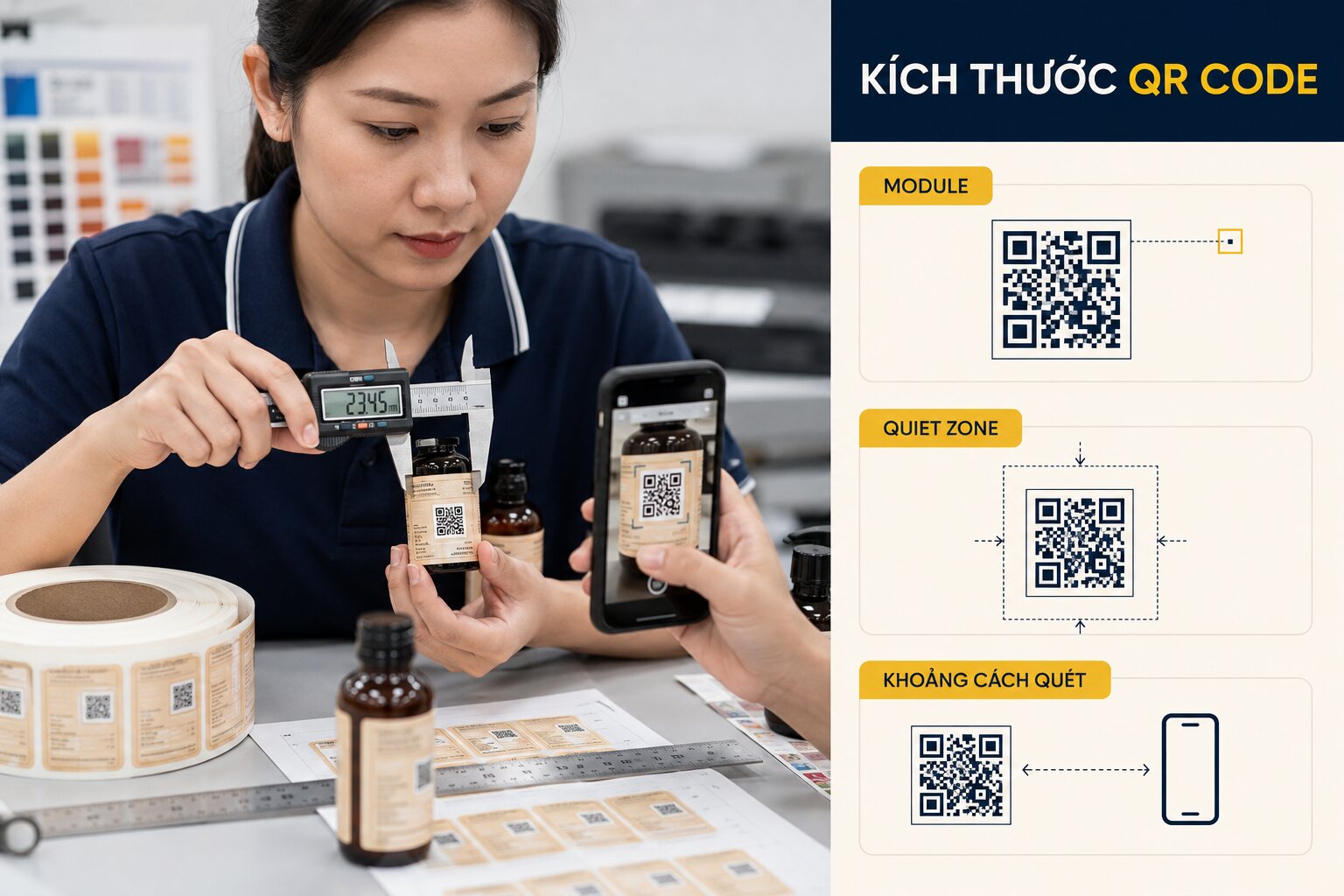 Kỹ thuật viên đo kích thước QR code trên tem nhãn