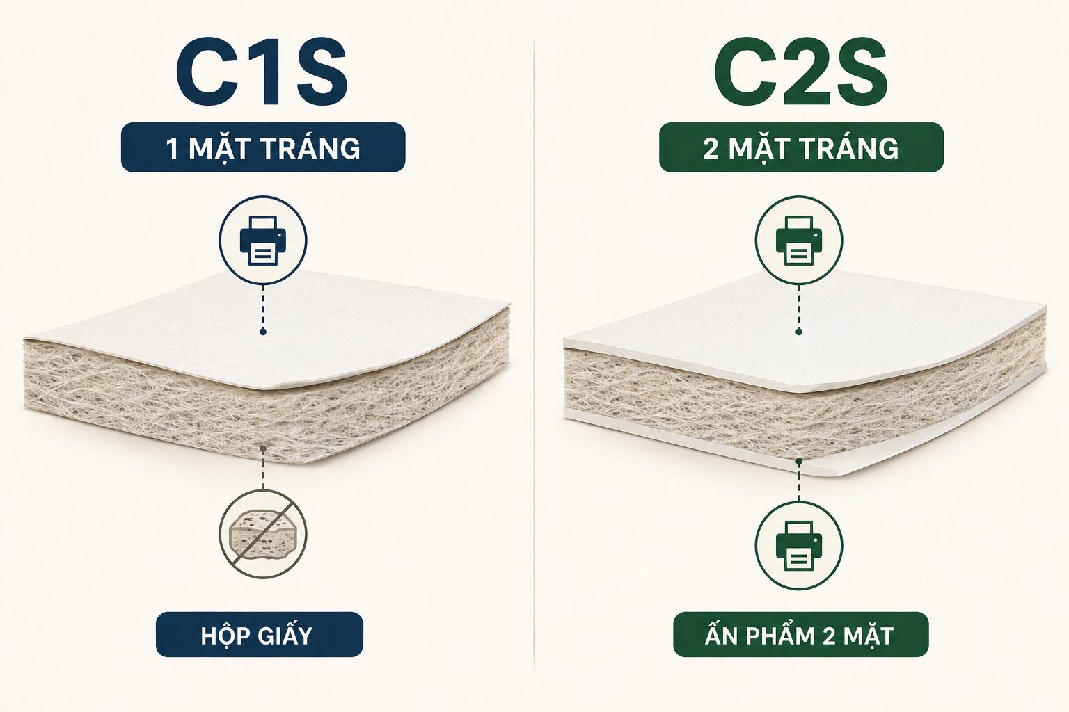 Bảng so sánh giấy C1S một mặt tráng và C2S hai mặt tráng