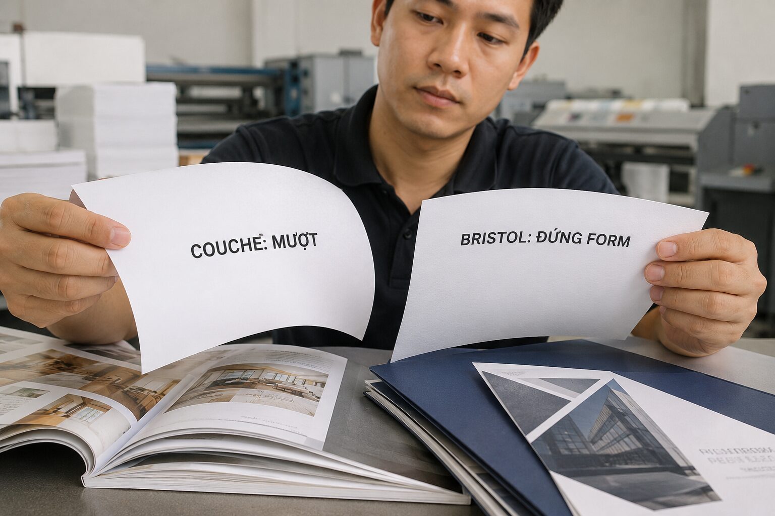So sánh độ cứng giấy Couche và Bristol tại xưởng in