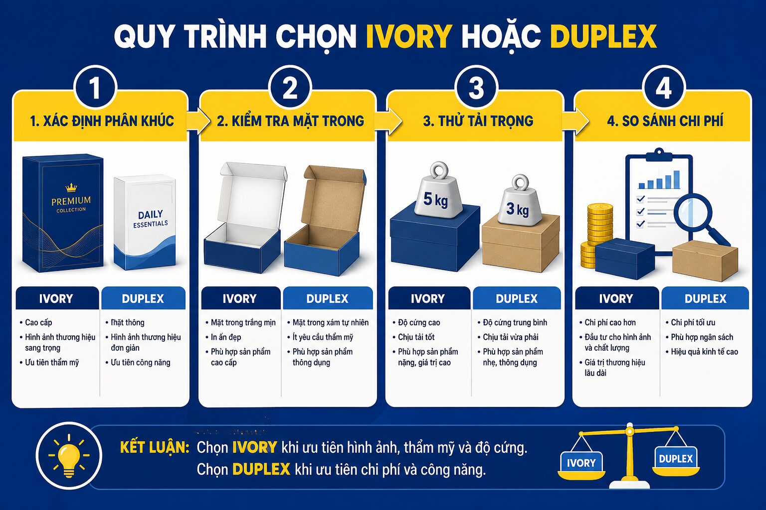 Quy trình bốn bước chọn Ivory hoặc Duplex cho hộp sản phẩm