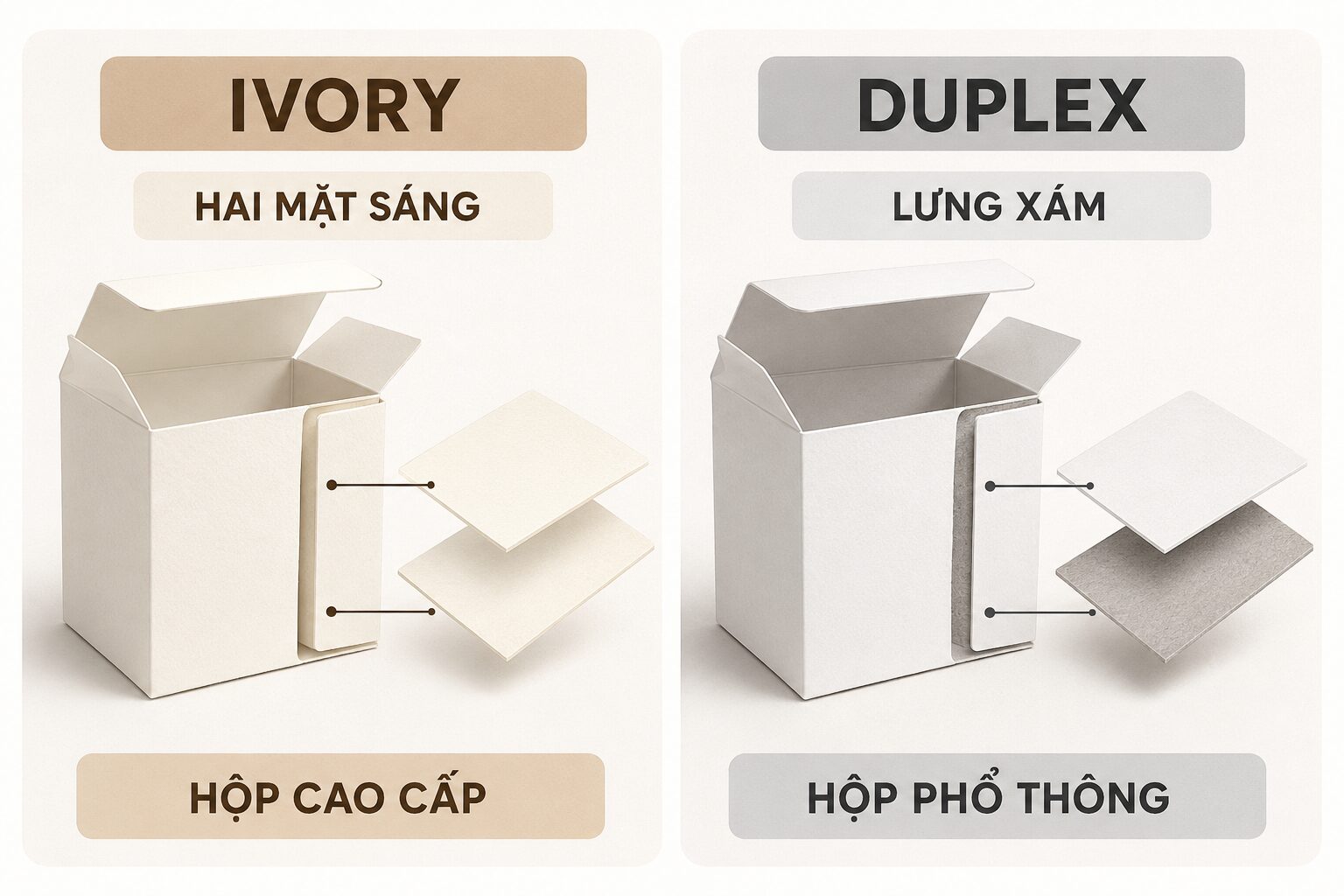 Bảng so sánh giấy Ivory hai mặt sáng và Duplex lưng xám