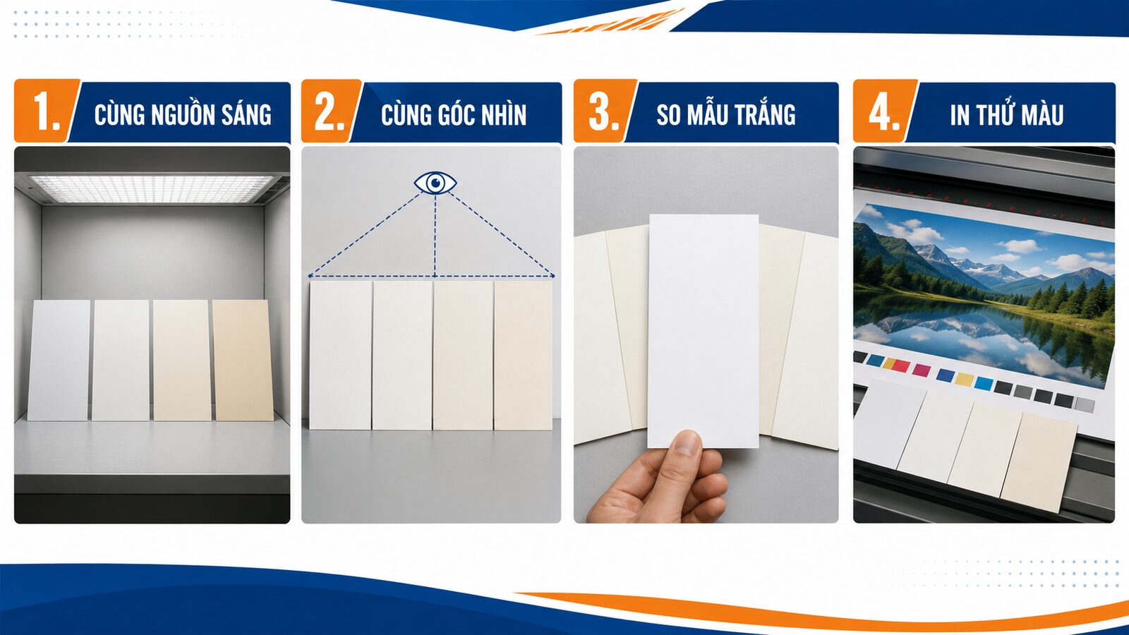 Độ trắng và độ sáng của giấy: Vì sao cùng màu in vẫn khác? 3 Bốn bước so độ trắng và độ sáng của giấy