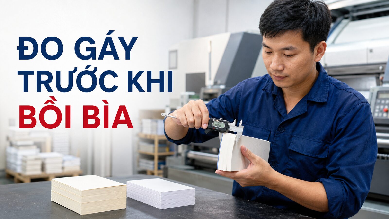 Đo bulk giấy và độ dày gáy sách bằng thước cặp tại xưởng
