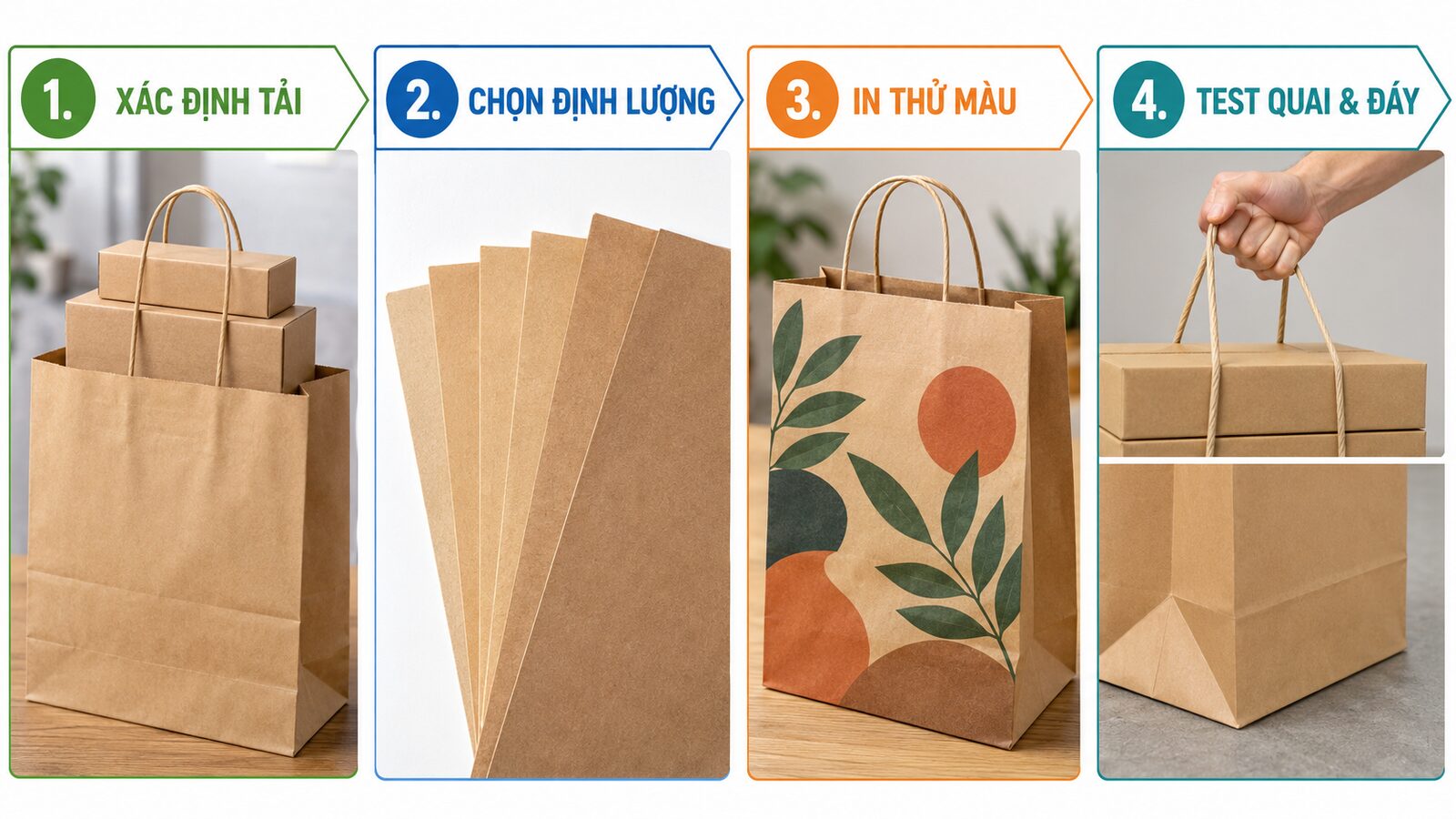 Kraft tái chế hay kraft nguyên sinh: Chọn loại nào để in? 3 Bốn bước chọn kraft và thử tải túi giấy