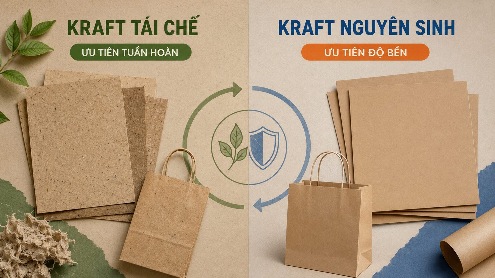 Kraft tái chế hay kraft nguyên sinh: Chọn loại nào để in? 2 Kraft tái chế ưu tiên tuần hoàn và kraft nguyên sinh ưu tiên độ bền