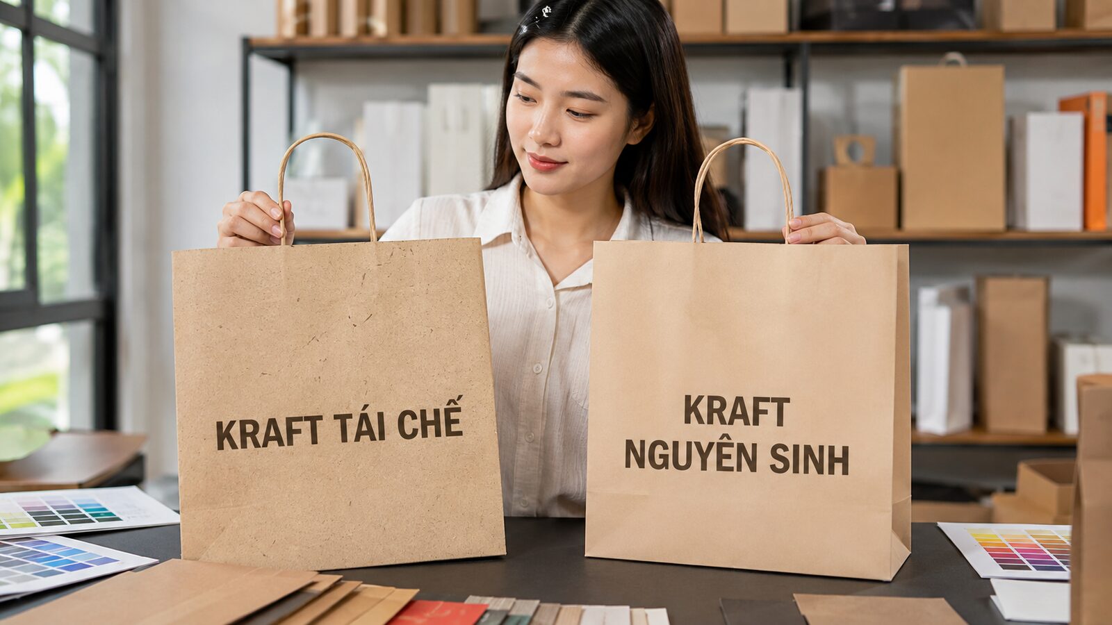 Kraft tái chế hay kraft nguyên sinh: Chọn loại nào để in? 1 So sánh túi kraft tái chế và kraft nguyên sinh tại xưởng in