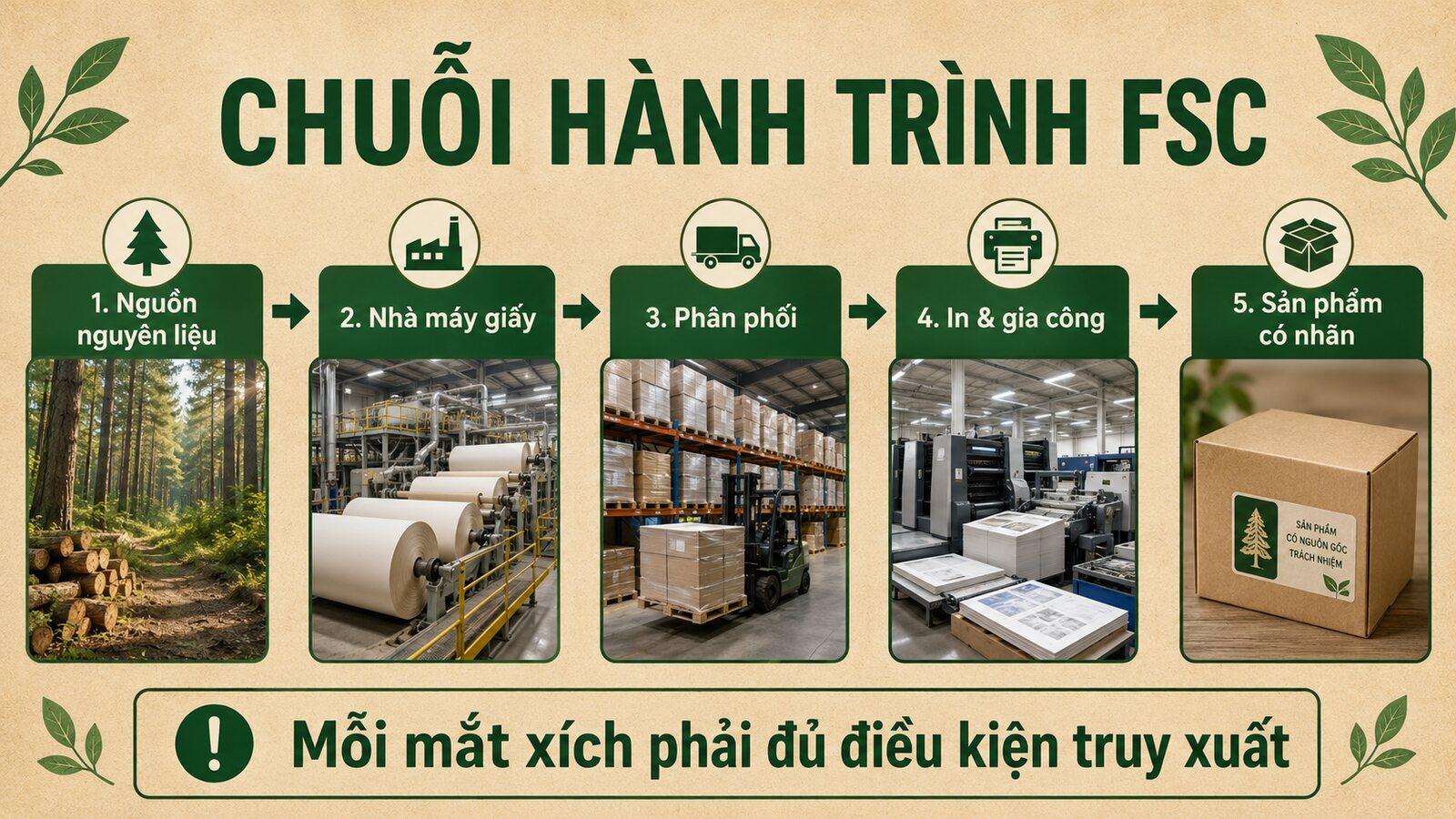 Giấy FSC là gì? Cách ứng dụng vào bao bì doanh nghiệp 3 Năm bước chuỗi hành trình FSC từ nguyên liệu đến bao bì hoàn thiện