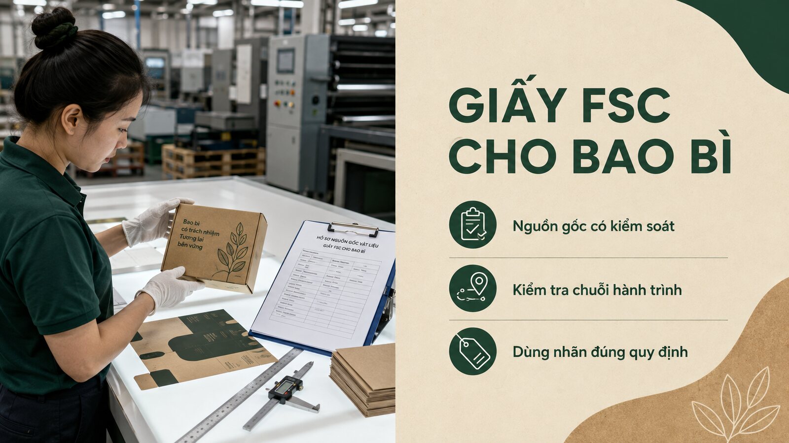 Kỹ thuật viên kiểm tra giấy FSC cho bao bì và hồ sơ nguồn gốc