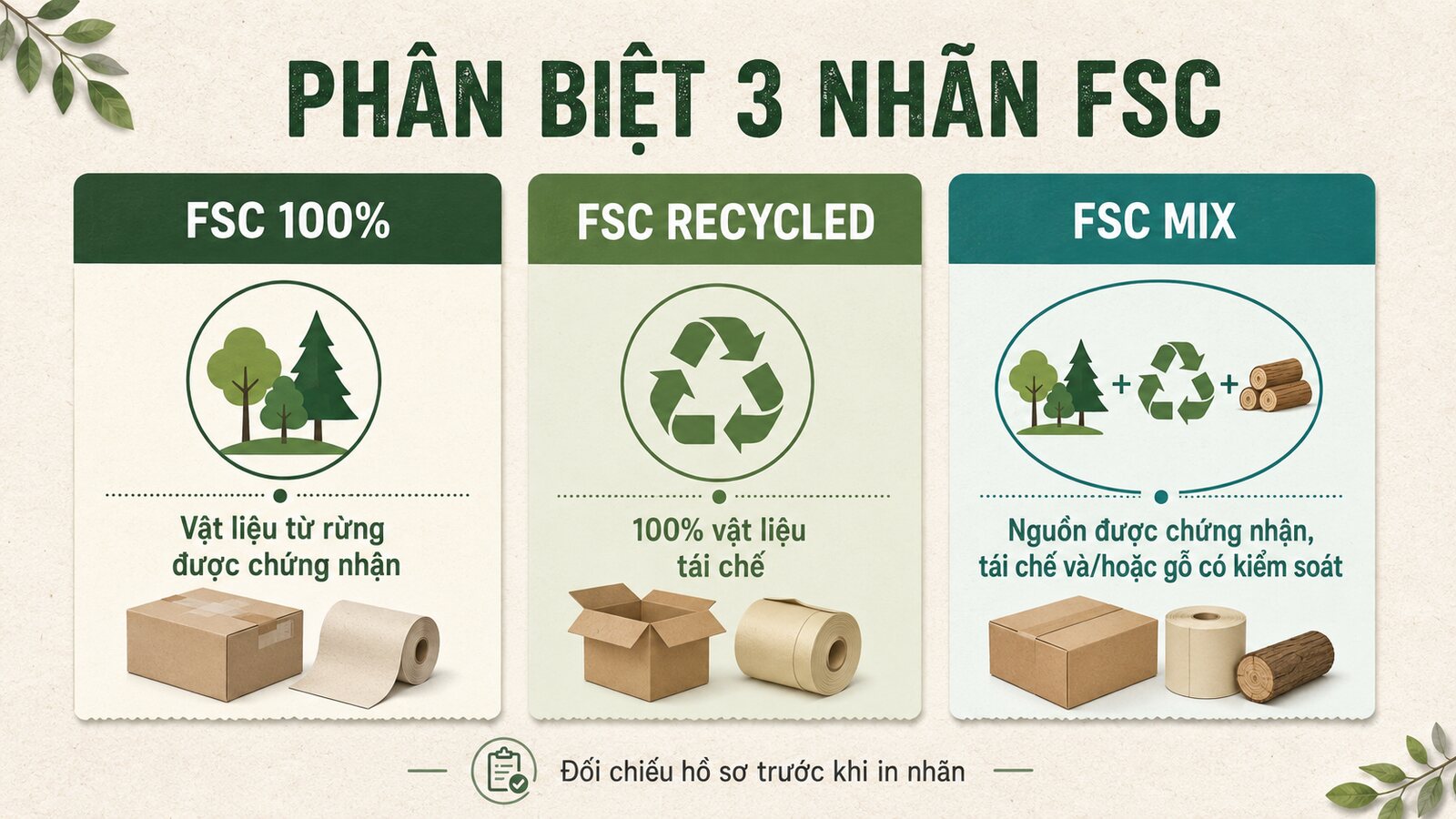 Giấy FSC là gì? Cách ứng dụng vào bao bì doanh nghiệp 2 Bảng phân biệt FSC 100%, FSC Recycled và FSC Mix