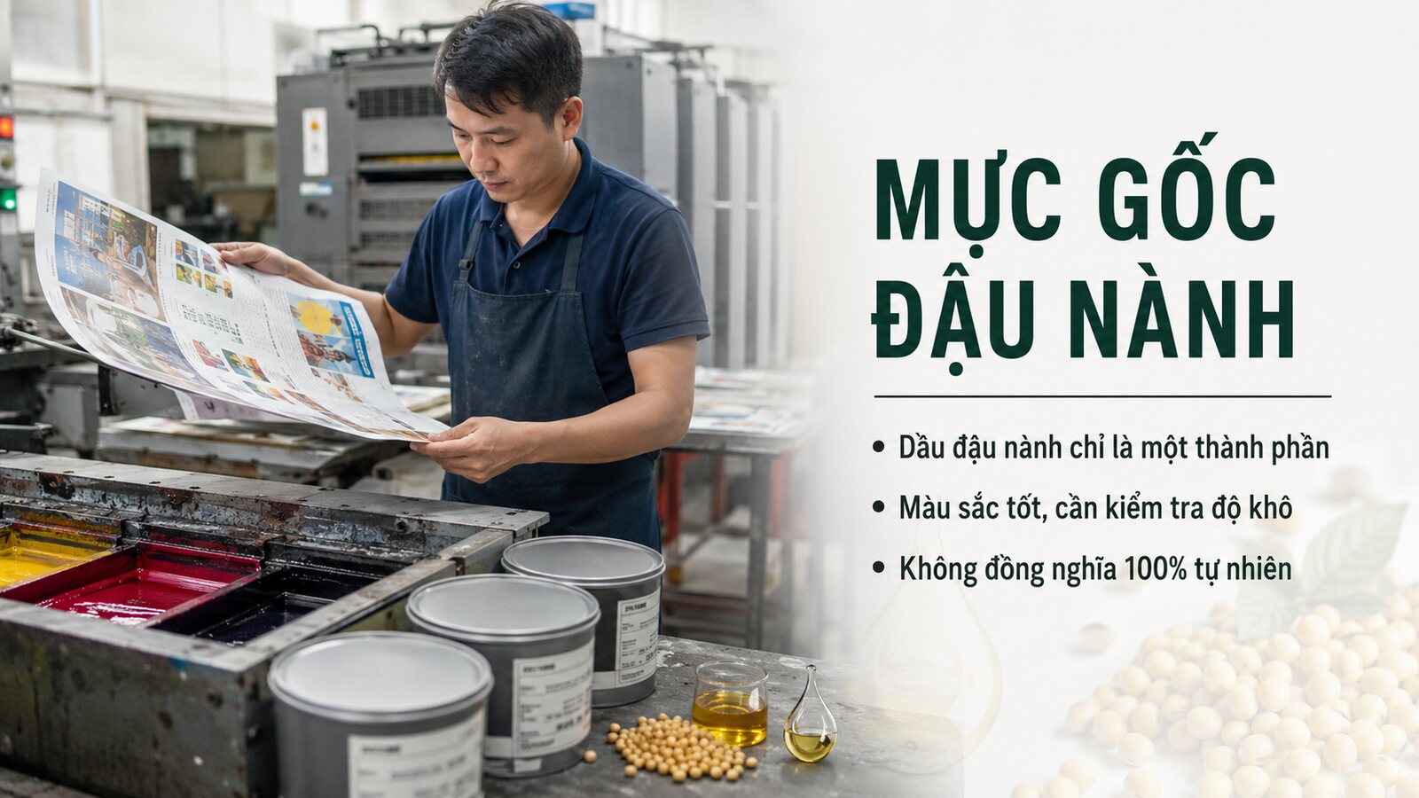 Thợ in kiểm tra tờ in sử dụng mực gốc đậu nành