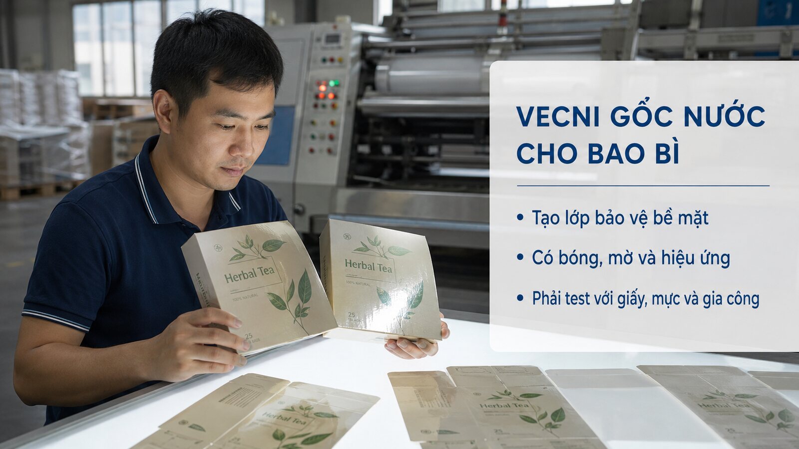 Vecni gốc nước cho bao bì giấy: Khi nào nên sử dụng? 1 Kỹ thuật viên kiểm tra hộp phủ vecni gốc nước cho bao bì giấy