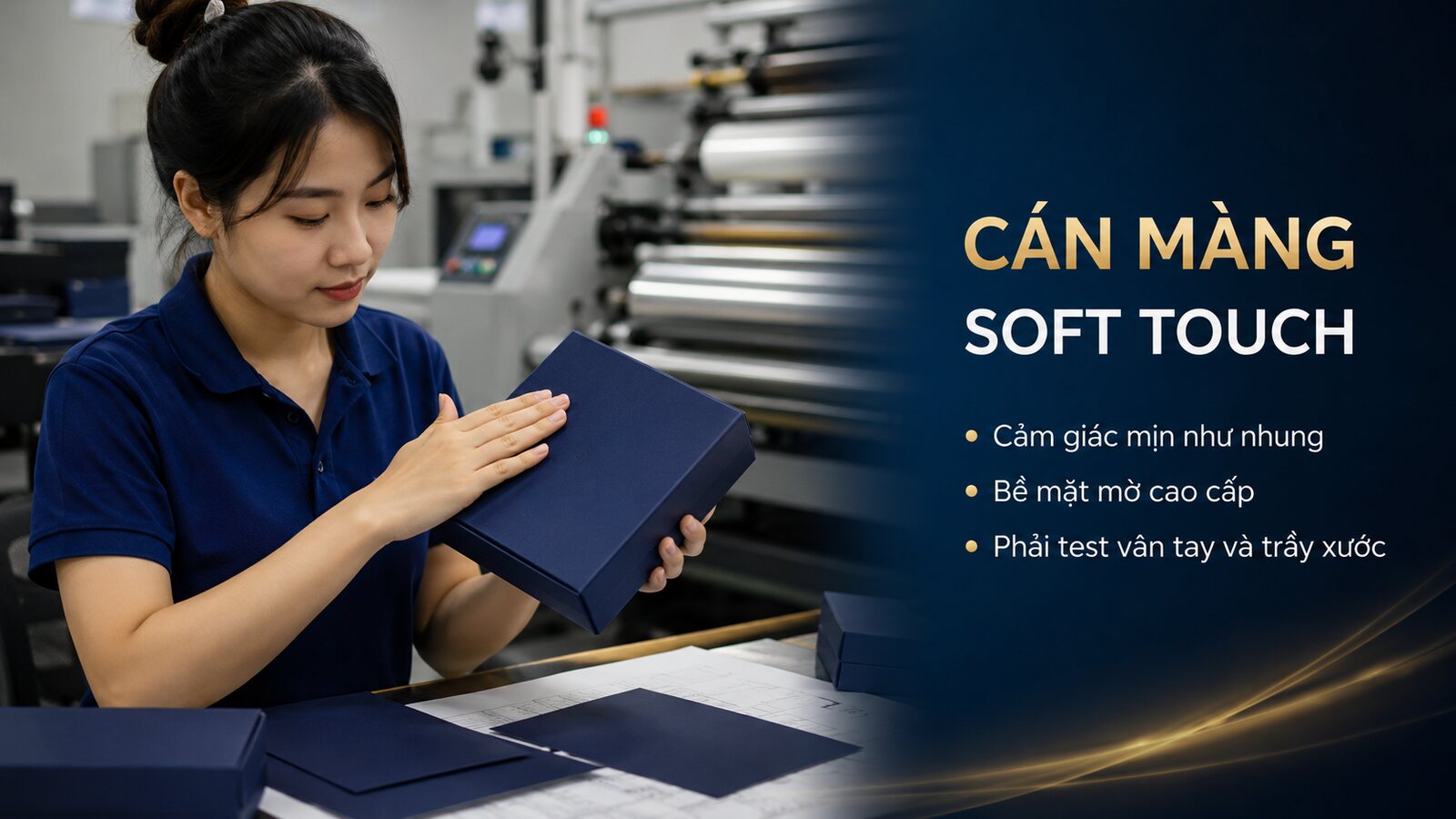 Cán màng soft touch: Hiệu ứng, độ bền và lưu ý thiết kế 1 Kỹ thuật viên kiểm tra hộp giấy cán màng soft touch tại xưởng in