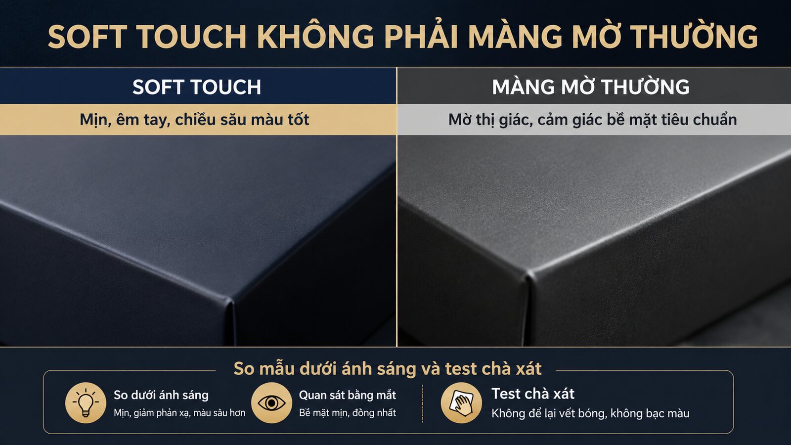 Cán màng soft touch: Hiệu ứng, độ bền và lưu ý thiết kế 2 So sánh cán màng soft touch và cán màng mờ thông thường