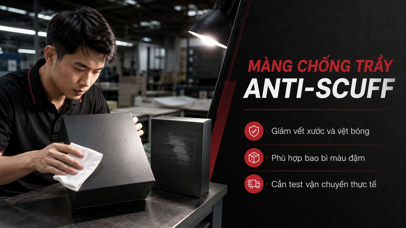 Màng anti-scuff: Giải pháp chống trầy cho bao bì màu đậm 1 Kiểm tra màng chống trầy anti-scuff trên hộp giấy màu đậm
