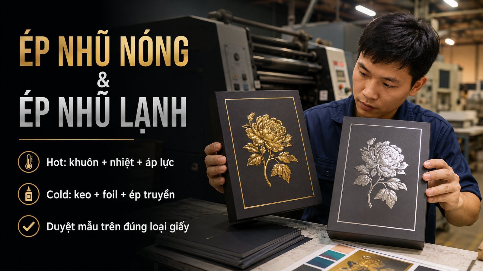 Kỹ thuật viên so sánh ép nhũ nóng và ép nhũ lạnh trên hộp giấy