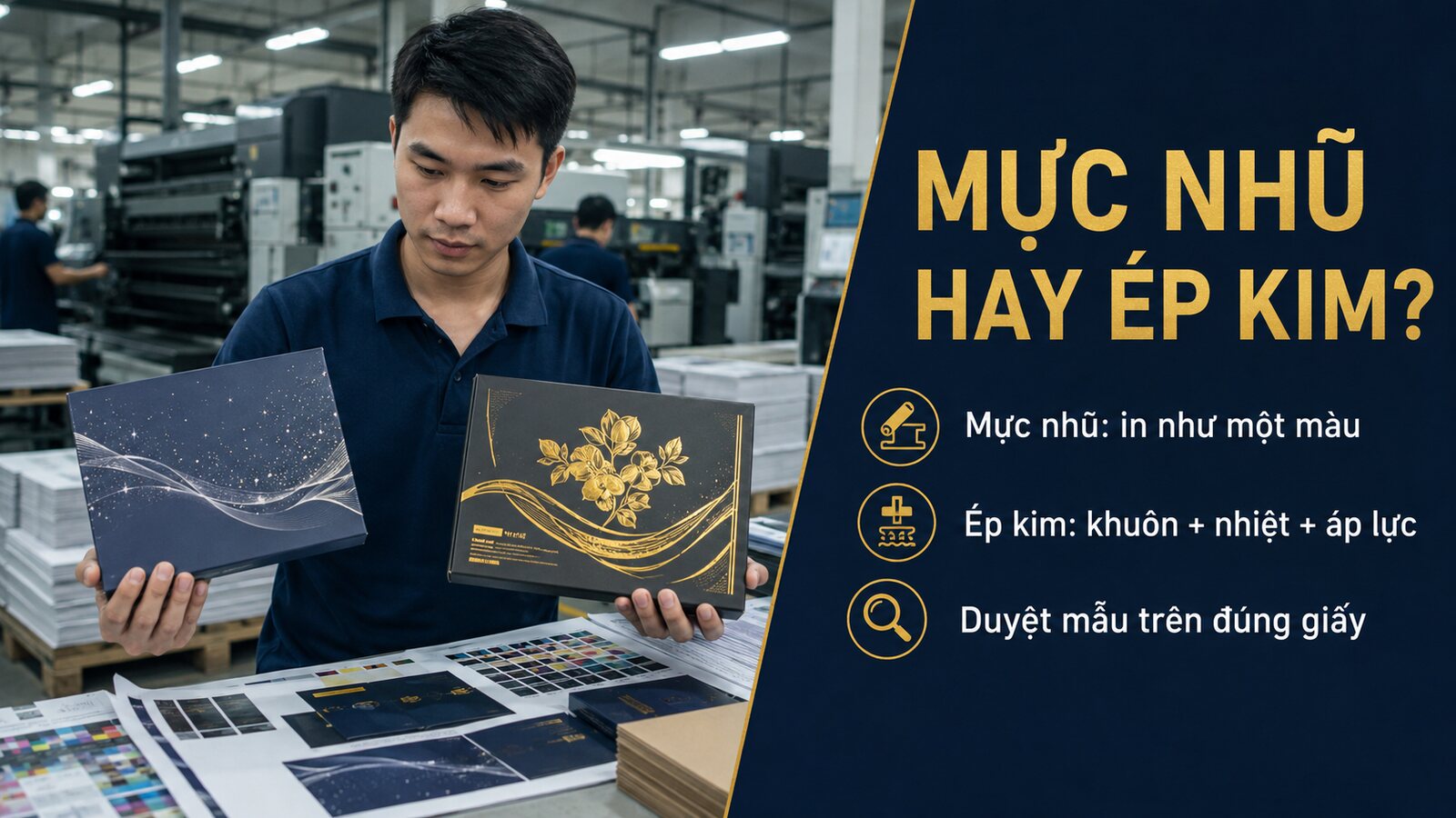 Mực nhũ kim loại hay ép kim: Giải pháp nào phù hợp hơn? 1 Kỹ thuật viên so sánh mực nhũ kim loại và ép kim trên hộp giấy