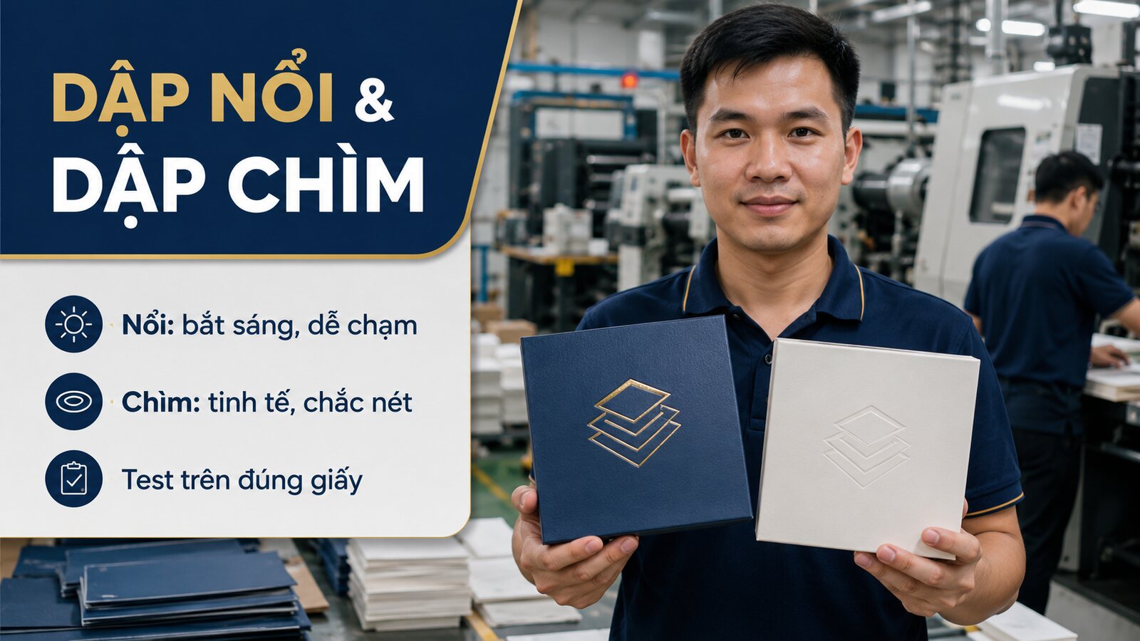 Kỹ thuật viên so sánh dập nổi và dập chìm trên hộp giấy