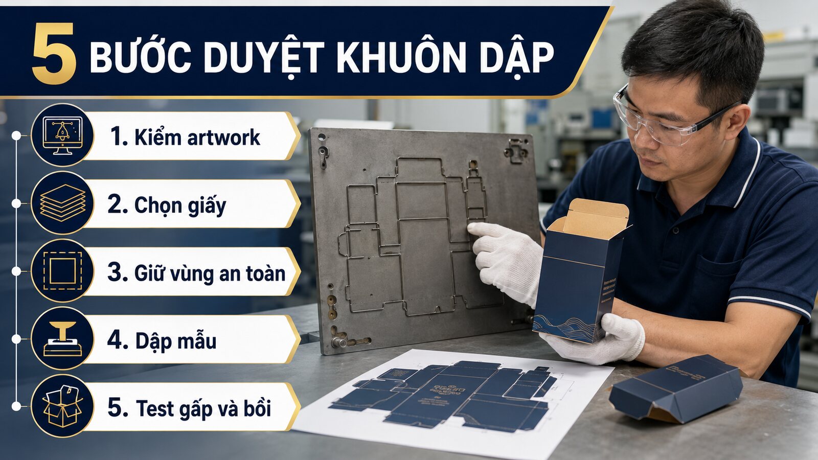 Năm bước duyệt khuôn dập nổi và dập chìm