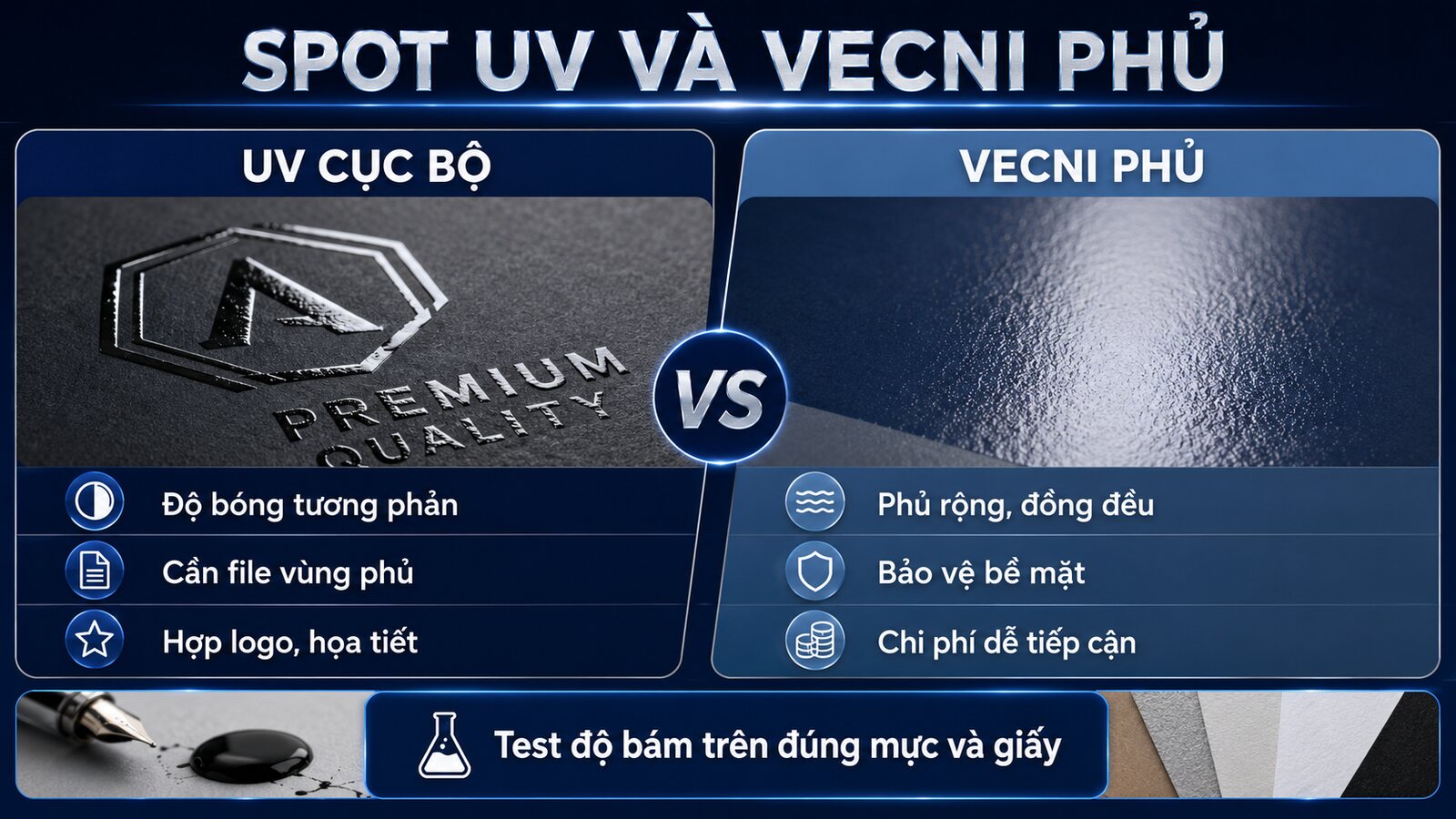 UV cục bộ hay vecni phủ: Chọn hiệu ứng bề mặt nào? 2 Bảng so sánh spot UV và vecni phủ bề mặt