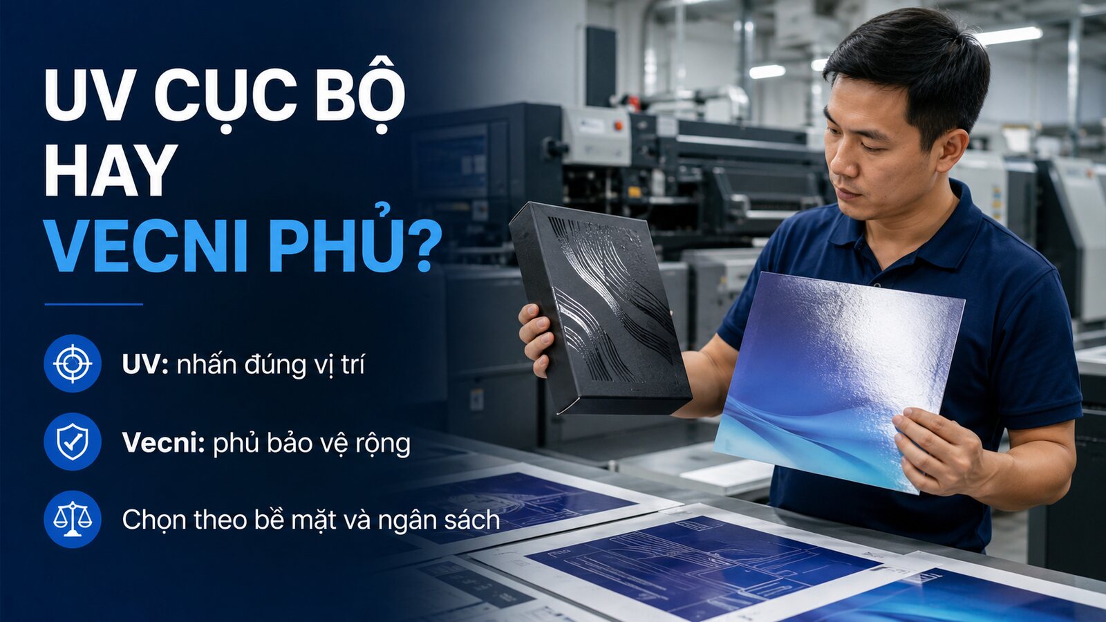UV cục bộ hay vecni phủ: Chọn hiệu ứng bề mặt nào? 1 Kỹ thuật viên so sánh UV cục bộ và vecni phủ trên hộp giấy