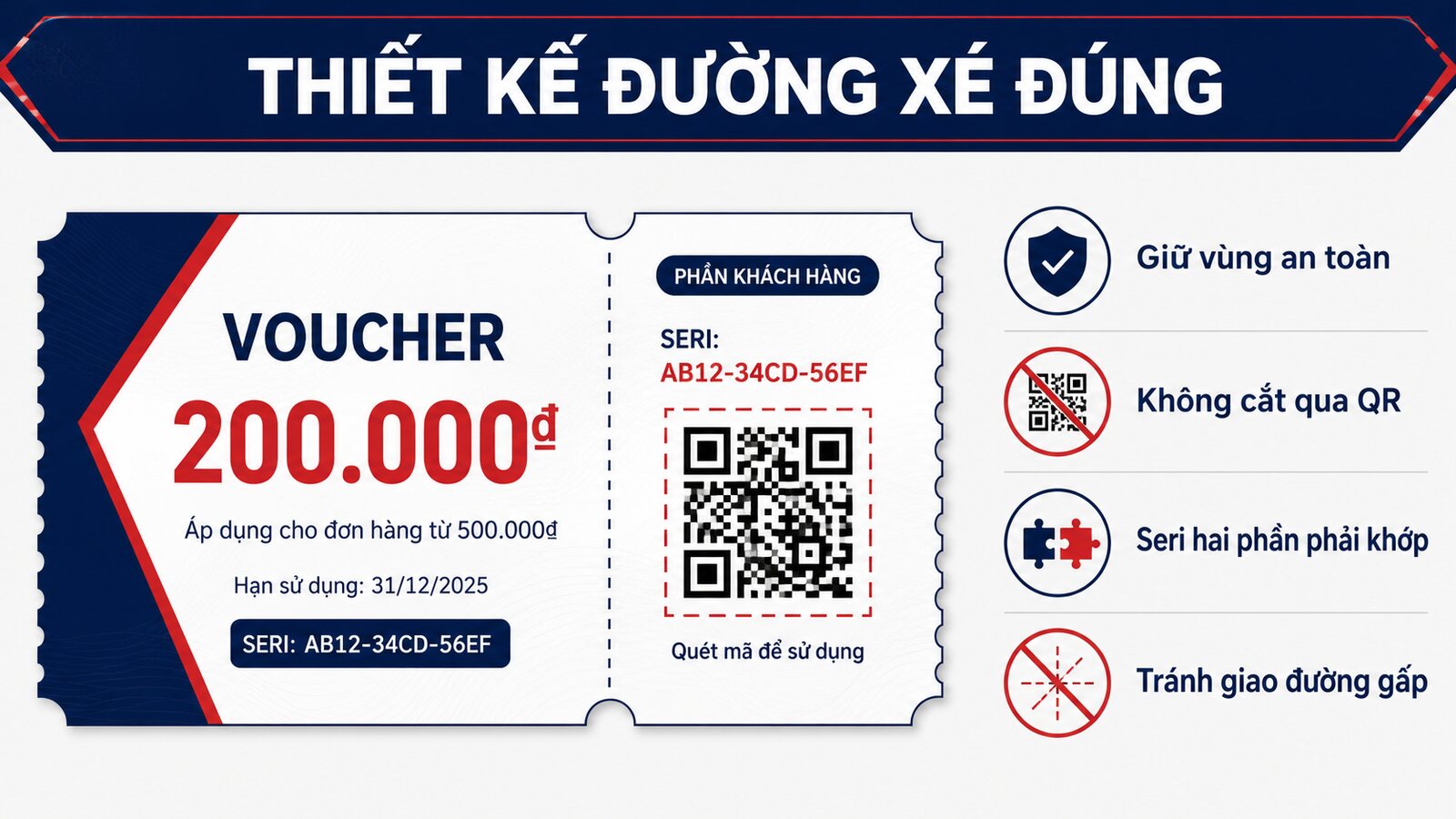Đục răng cưa cho voucher và vé: Thiết kế đường xé đúng 2 Sơ đồ vùng an toàn và đánh số quanh đường xé voucher