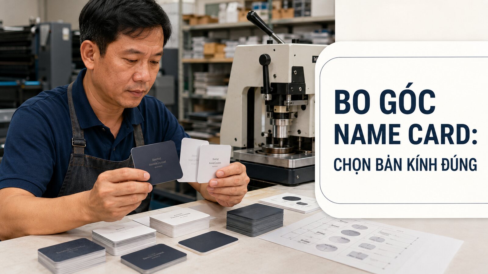 Kỹ thuật viên kiểm tra bo góc name card tại xưởng in