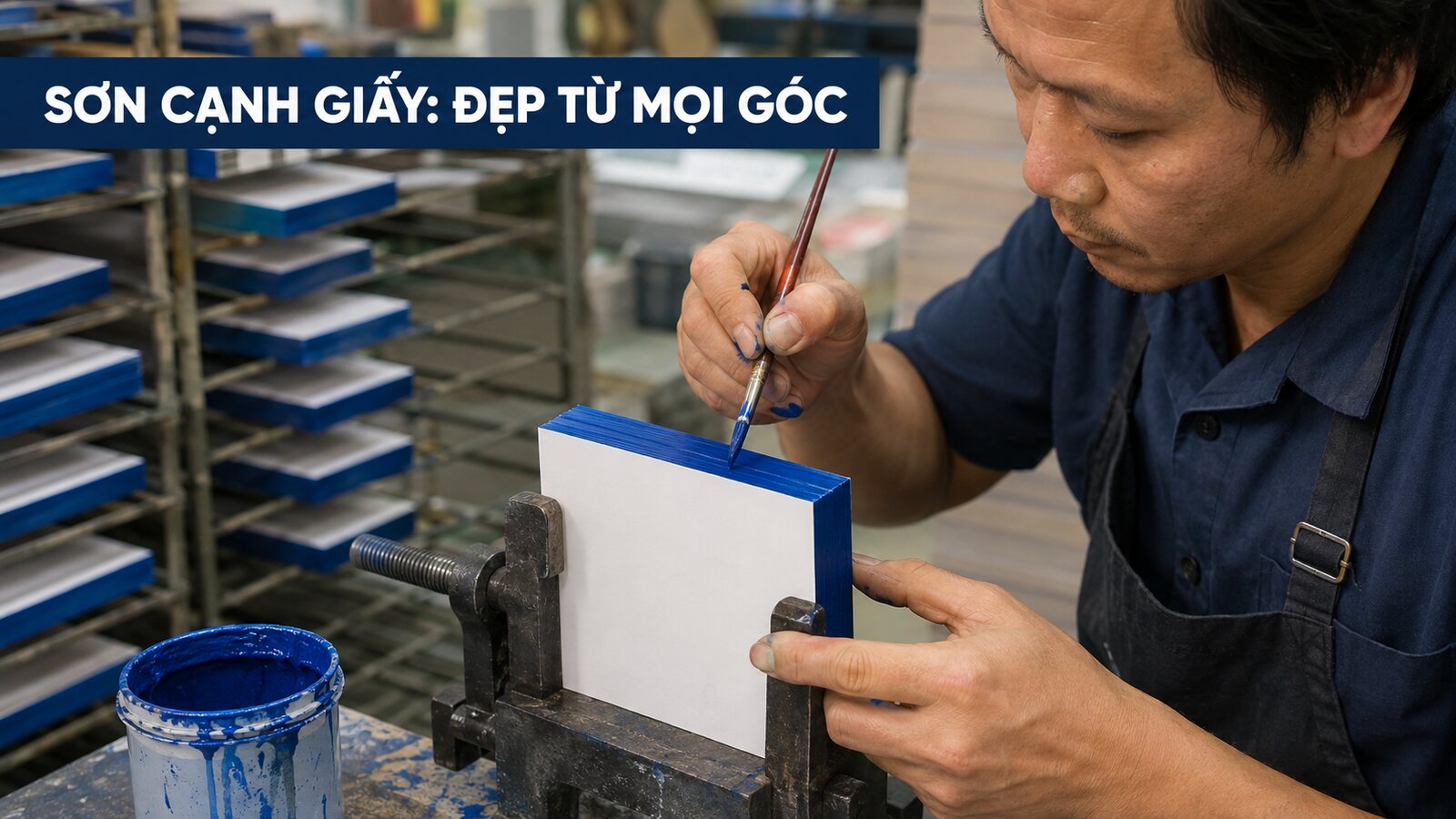 Thợ in sơn cạnh ấn phẩm giấy màu xanh