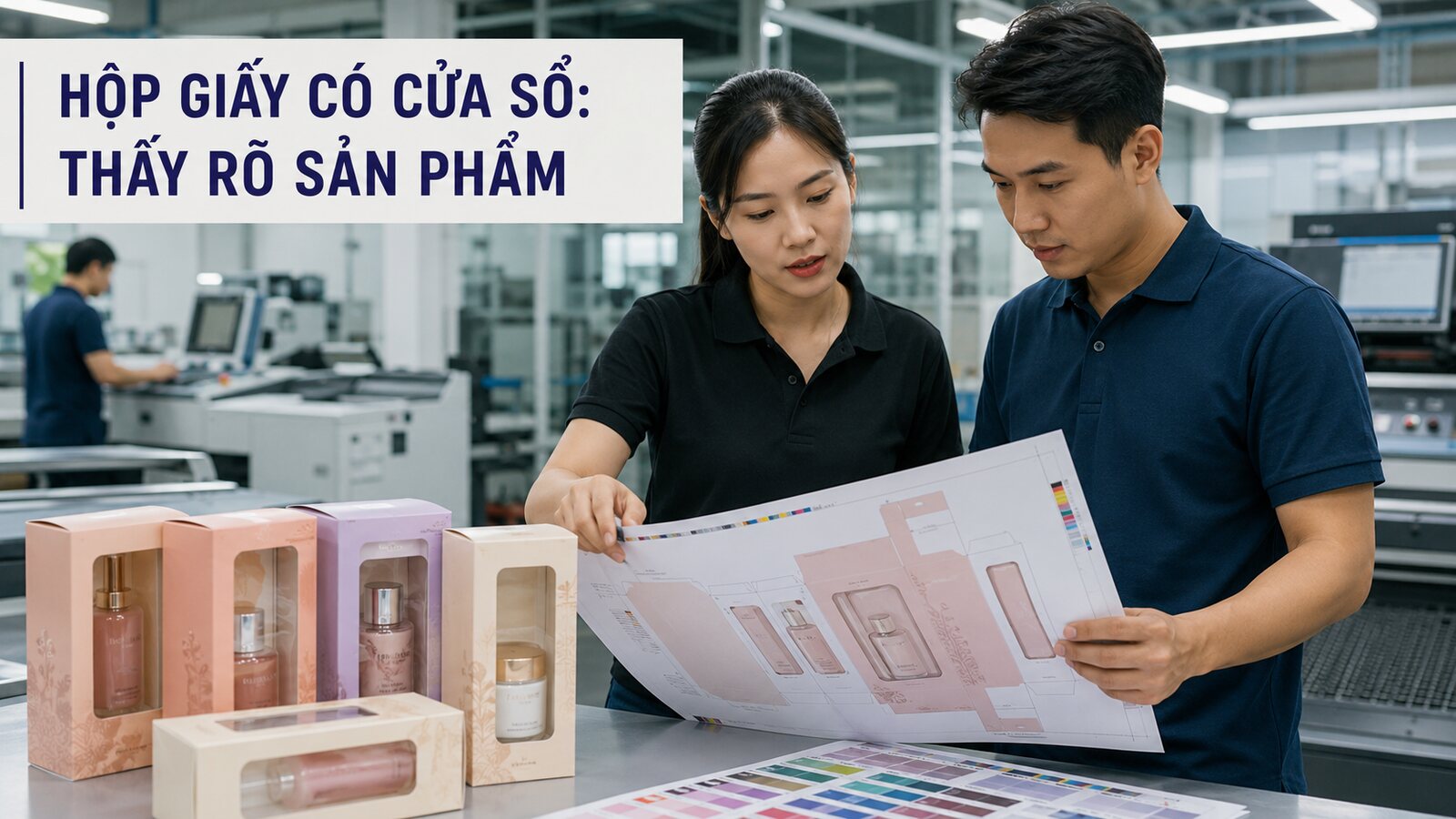 Cửa sổ mica trên hộp giấy: Chọn vật liệu và thiết kế 1 Kỹ thuật viên duyệt hộp giấy có cửa sổ trong tại xưởng in