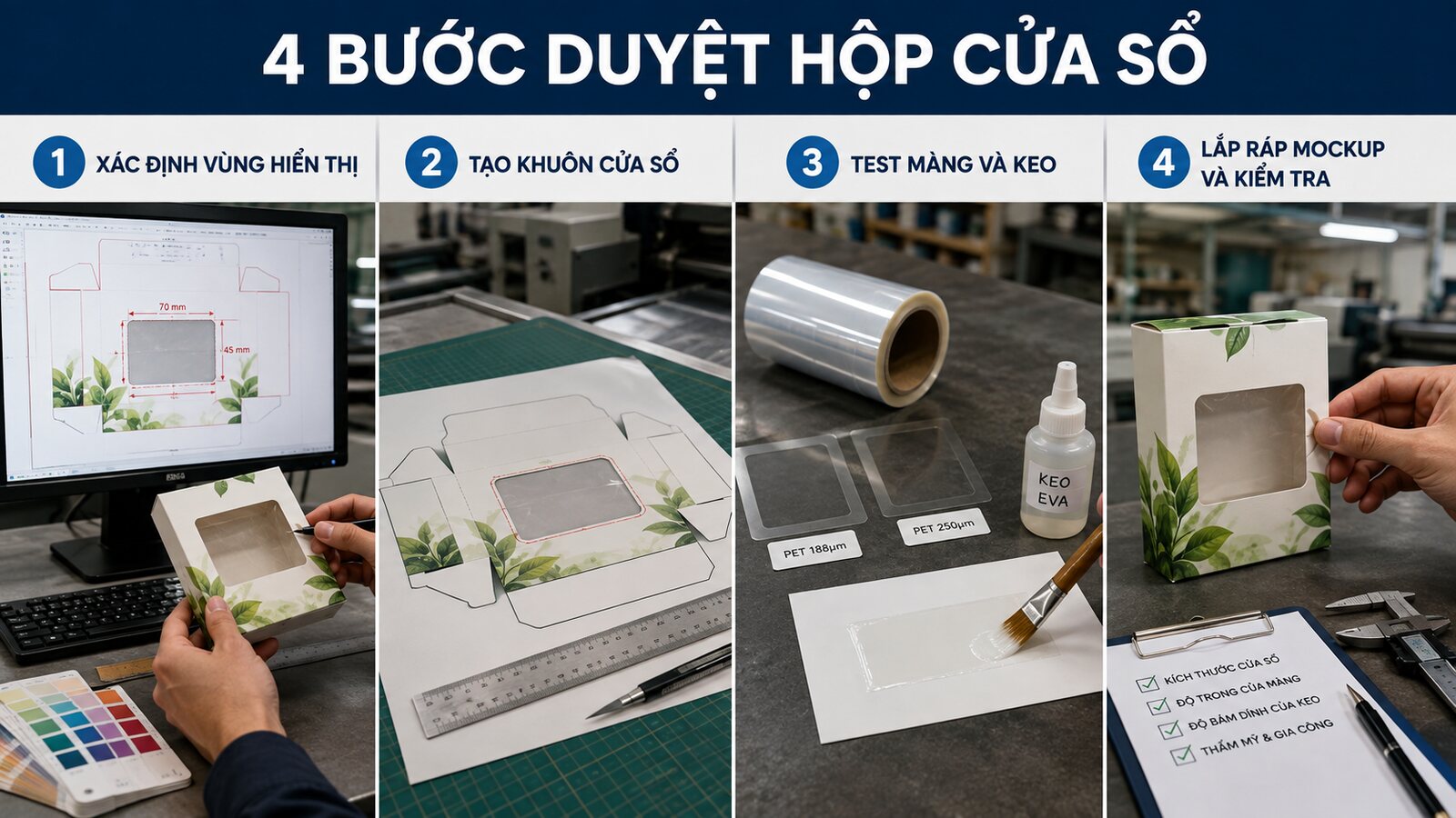 Cửa sổ mica trên hộp giấy: Chọn vật liệu và thiết kế 3 Bốn bước duyệt hộp giấy có cửa sổ