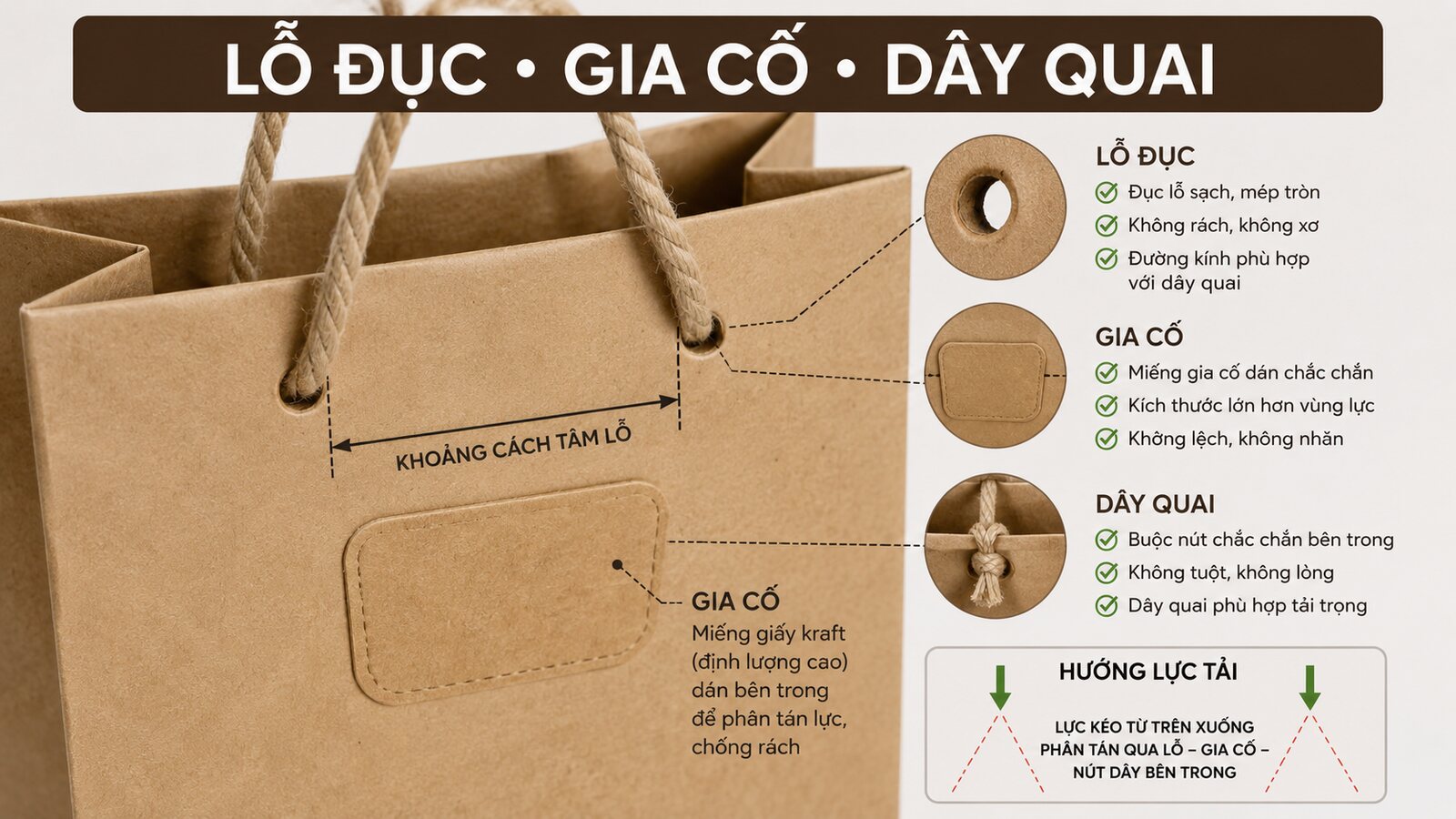 Cấu tạo lỗ đục miếng gia cố và dây quai túi giấy