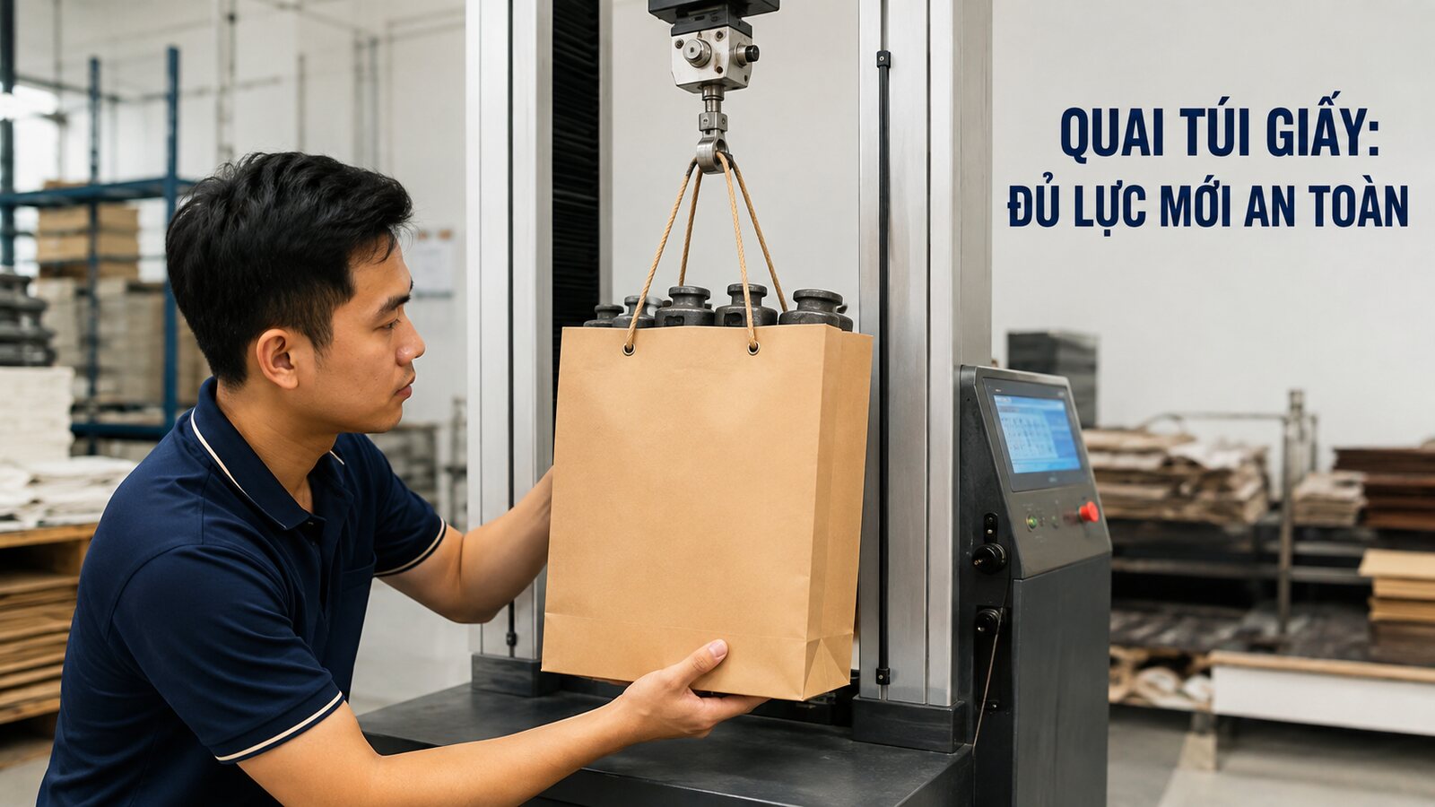 Kỹ thuật viên thử tải trọng quai túi giấy