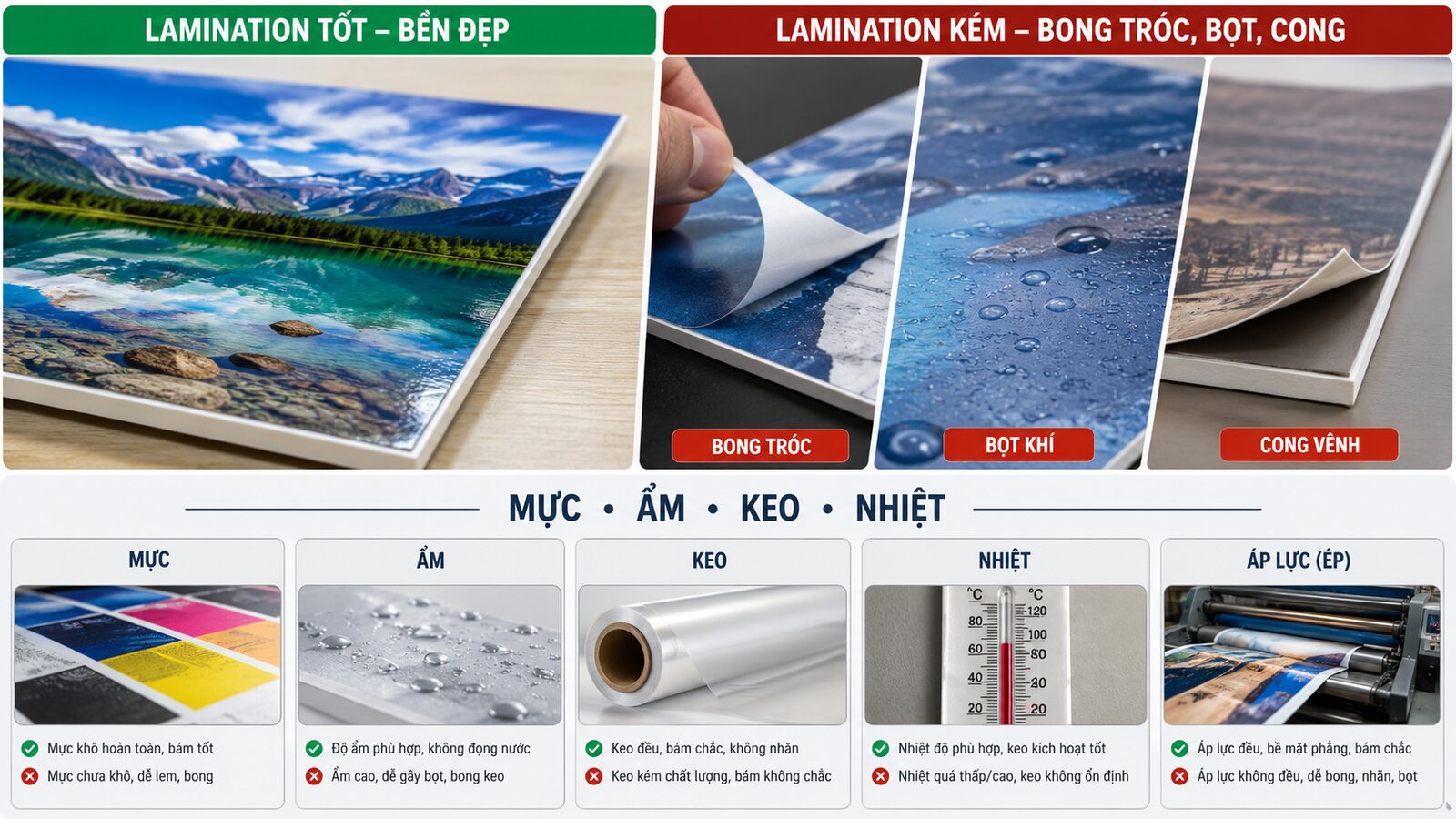 Lỗi bong màng sau cán: Nguyên nhân và cách phòng tránh 2 Các nguyên nhân lỗi bong màng gồm mực ẩm keo nhiệt