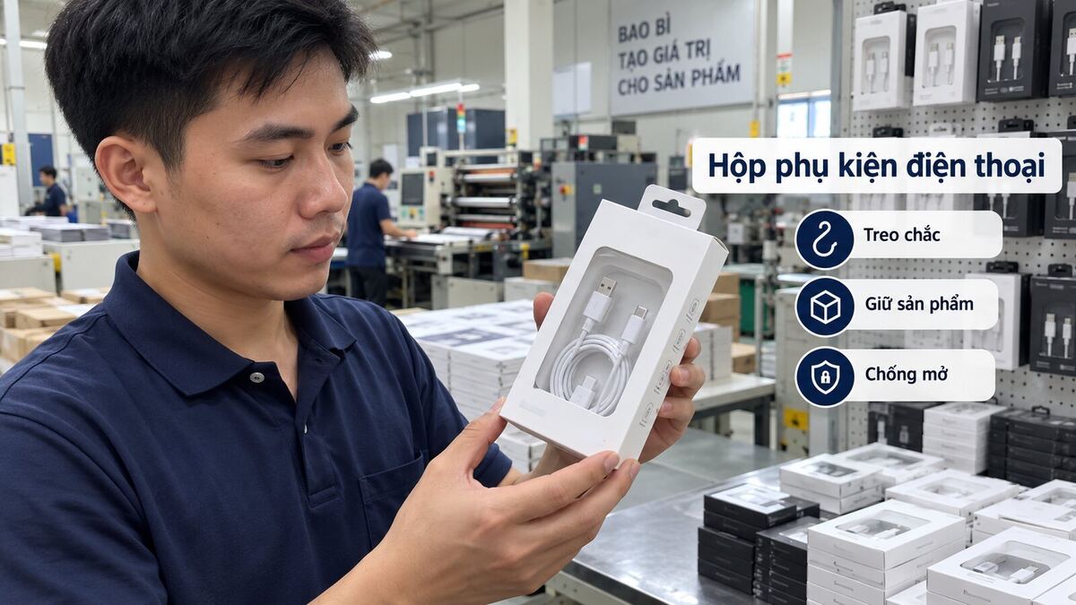 Hộp phụ kiện điện thoại có móc treo và khay giữ